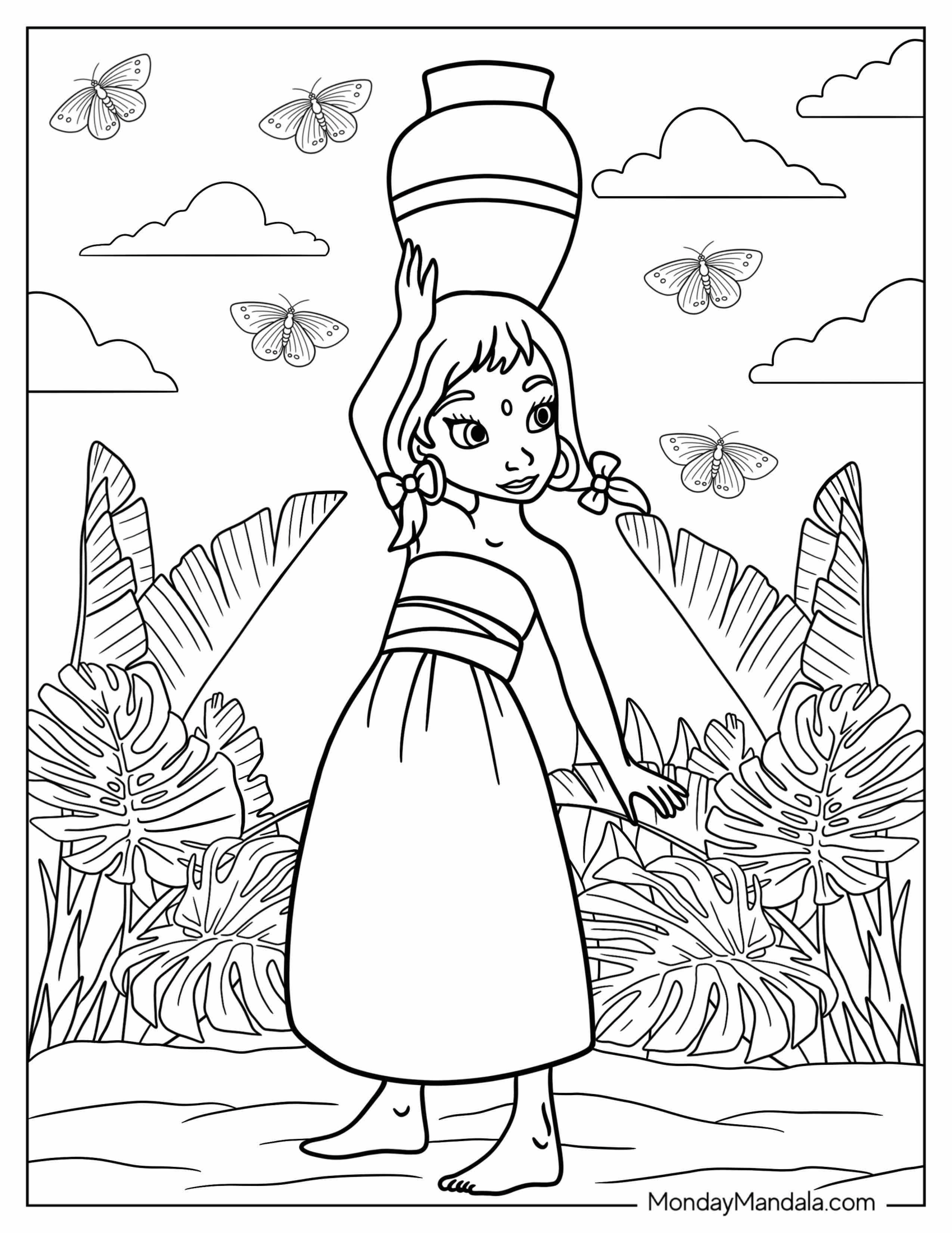 Jungle Book Coloring Page Of Shanti Carrying Clay Pot Over Her Head