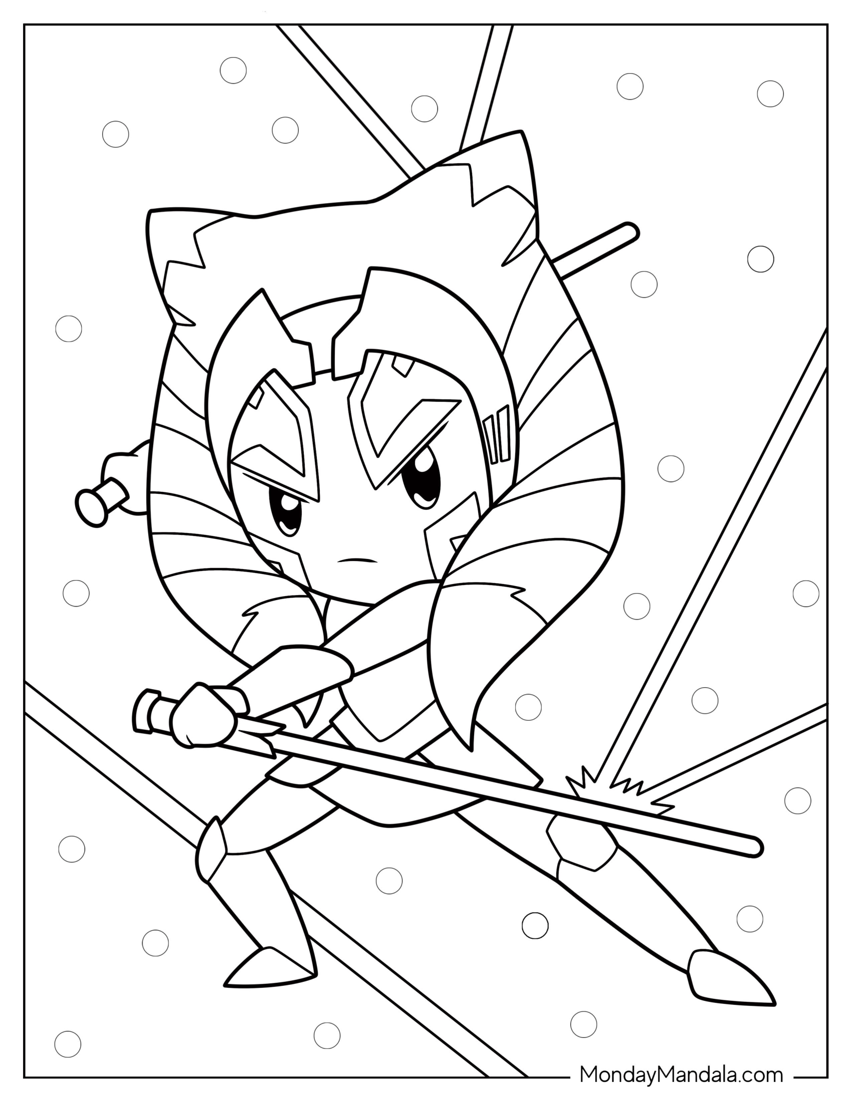 Kawaii Ahsoka Coloring Page Fighting With Two Lightsabers For Preschoolers