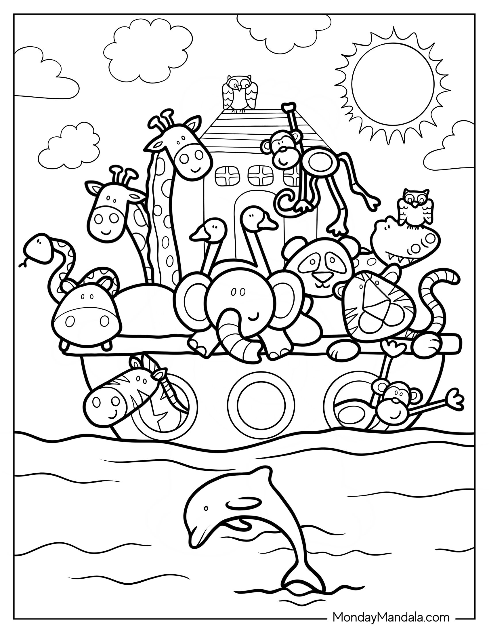 Kawaii Animals Looking Out Of Noah's Ark Coloring Page