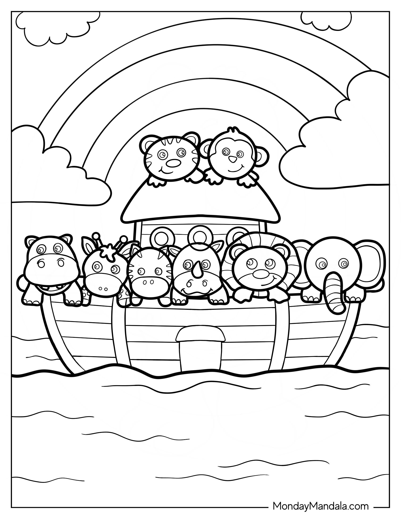 Kawaii Animals On Noah's Ark Coloring Page With Rainbow