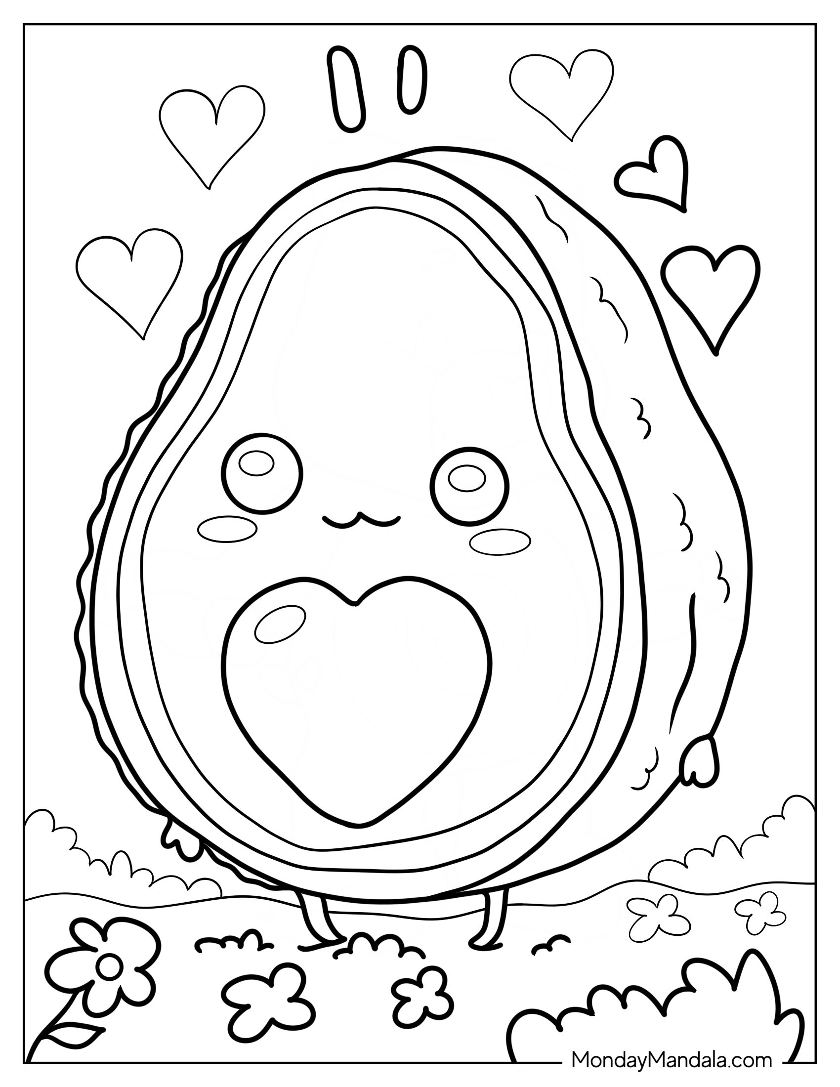 Kawaii Avocados Coloring Page With Hearts For Preschoolers