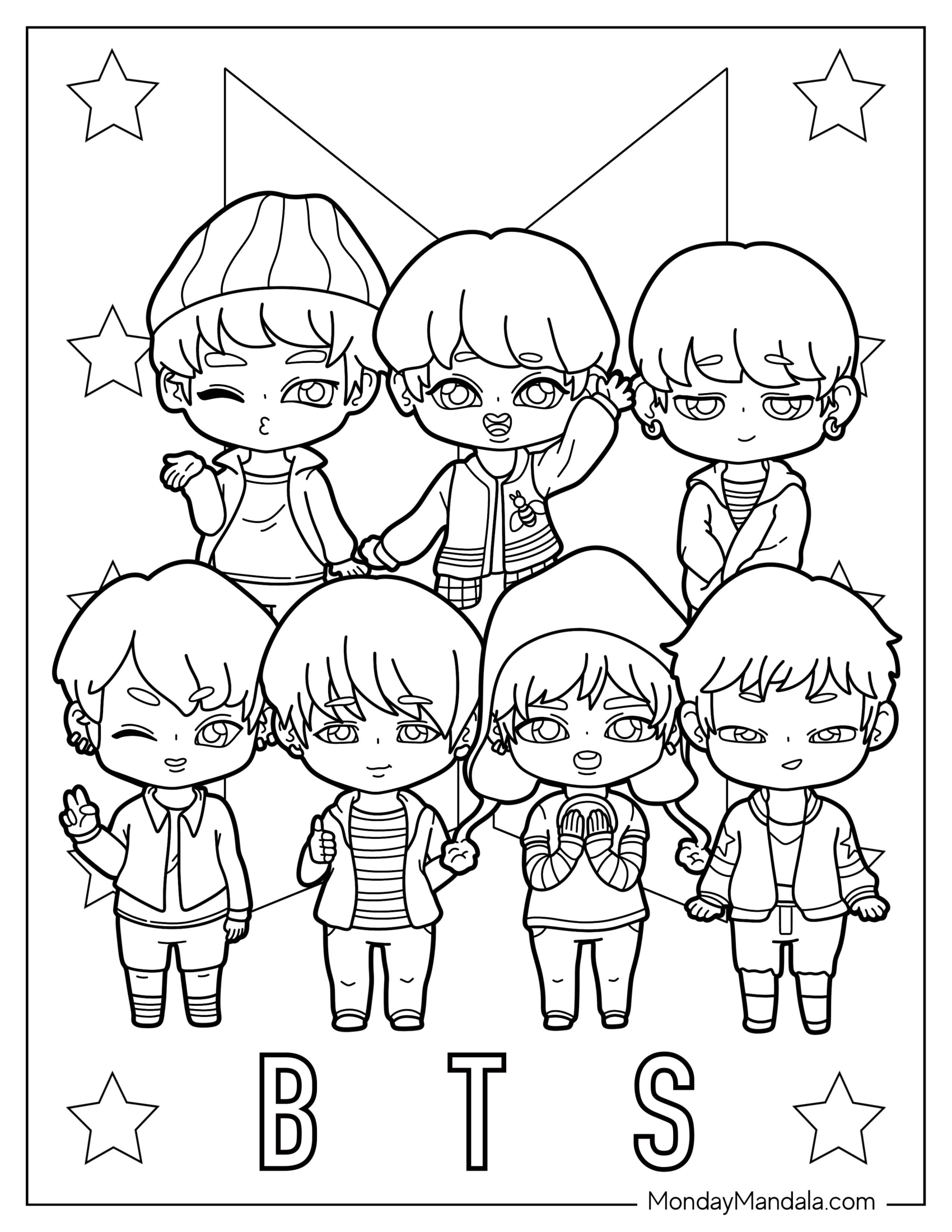 Kawaii BTS Coloring Page Of Jungkook, V, Jimin, Suga, J Hope, RM, And Jin