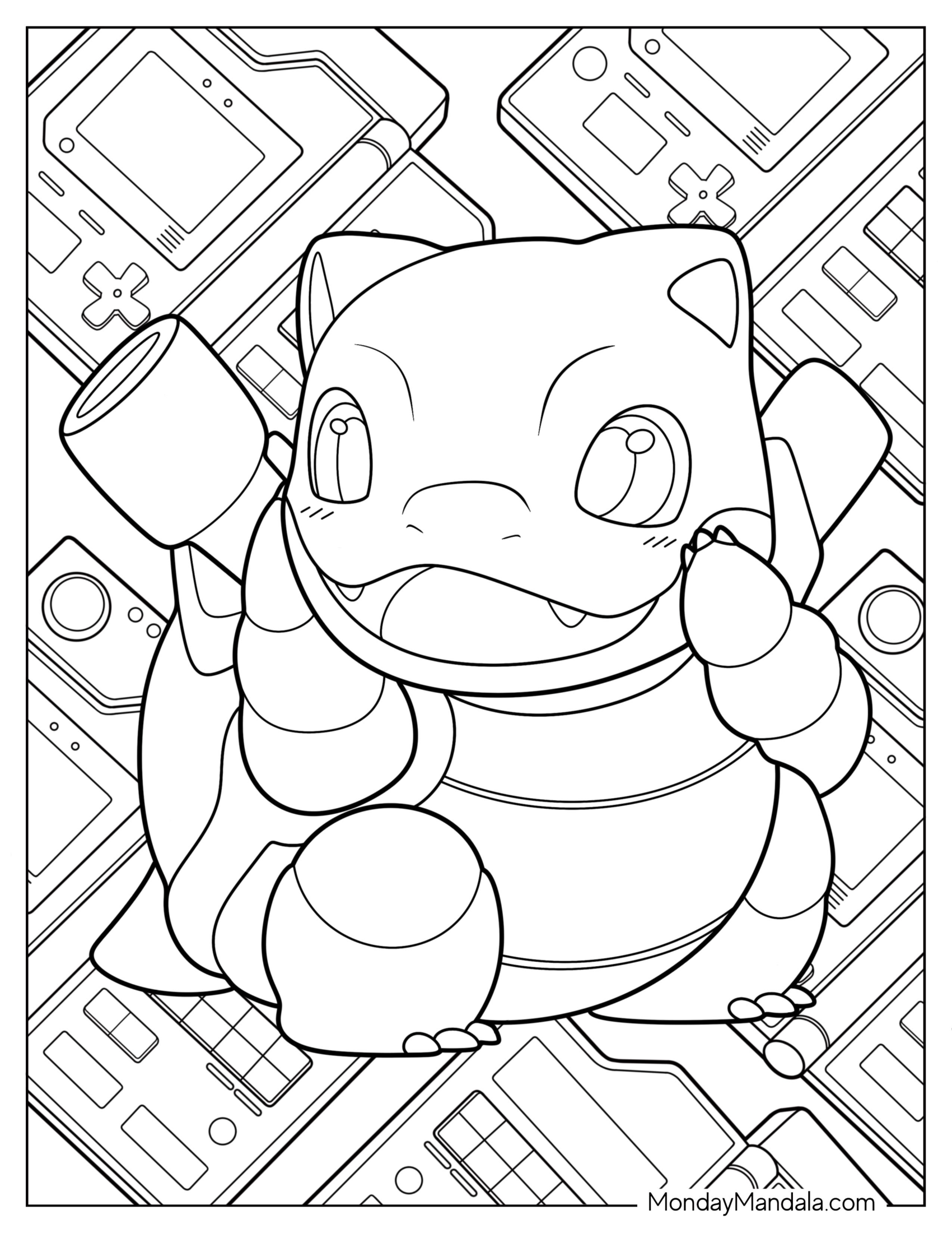 Kawaii Blastoise Coloring Page With Game Boy Background