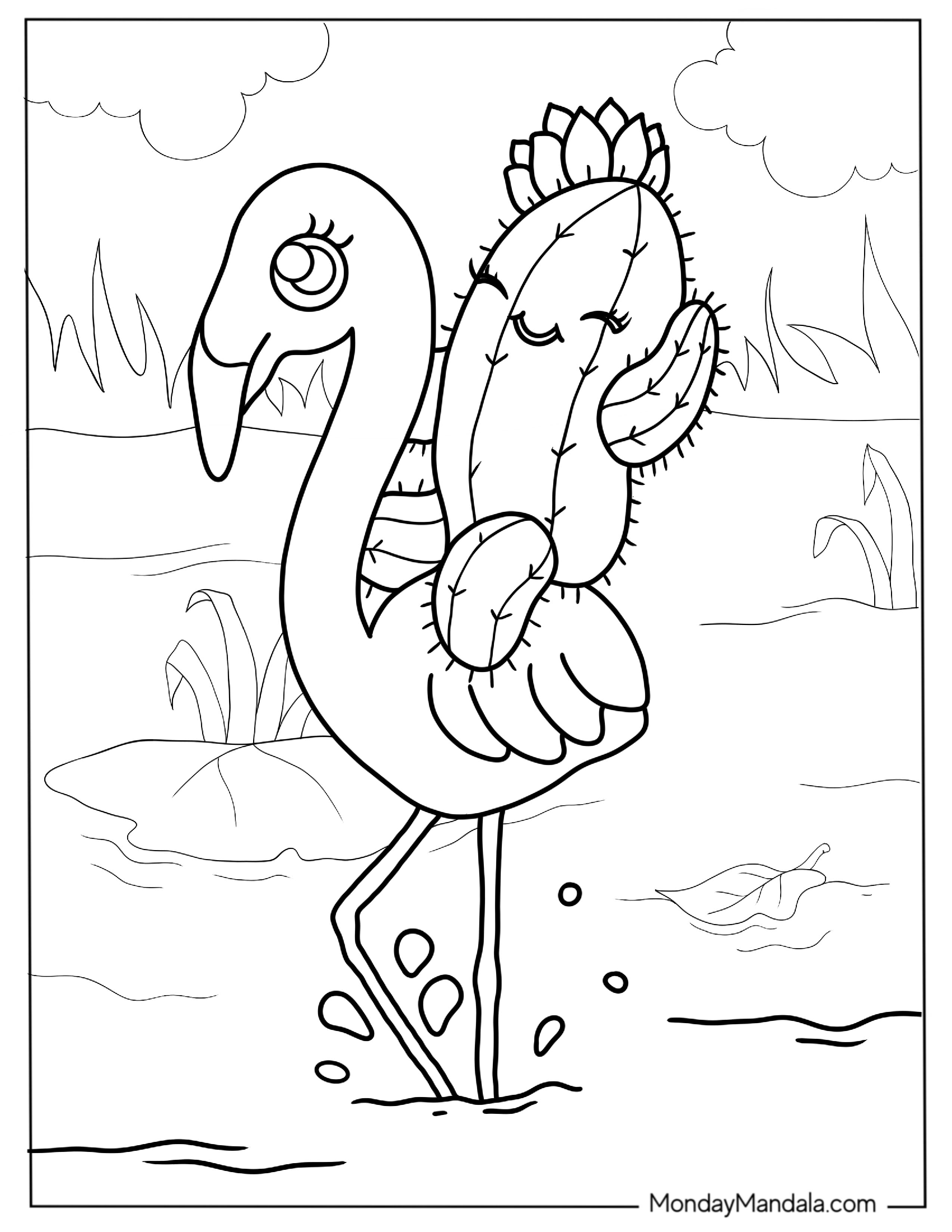 Kawaii Cactus And Flamingo To Color