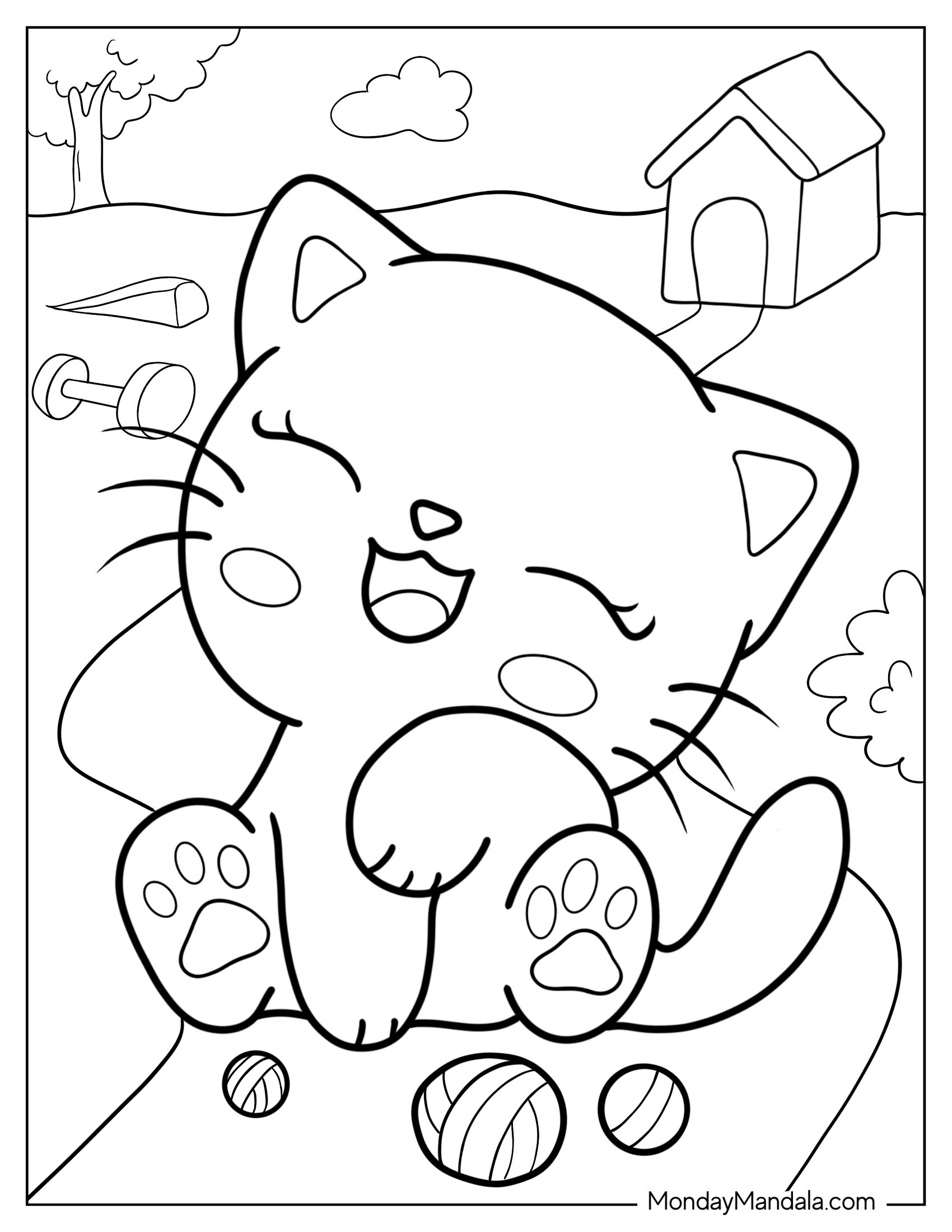 Kawaii Cartoon Kitten Coloring Sheet For Preschoolers