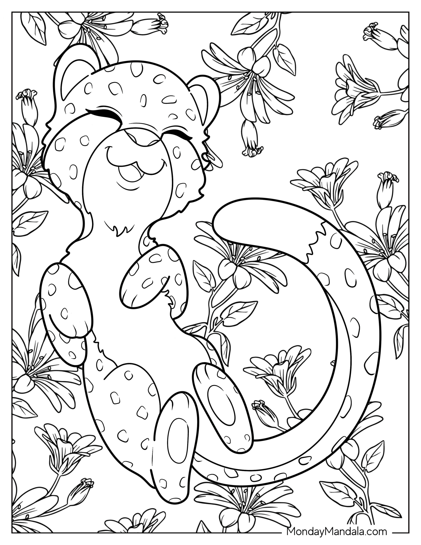 Kawaii Cheetah Coloring Page Sleeping On Its Back With Flowers