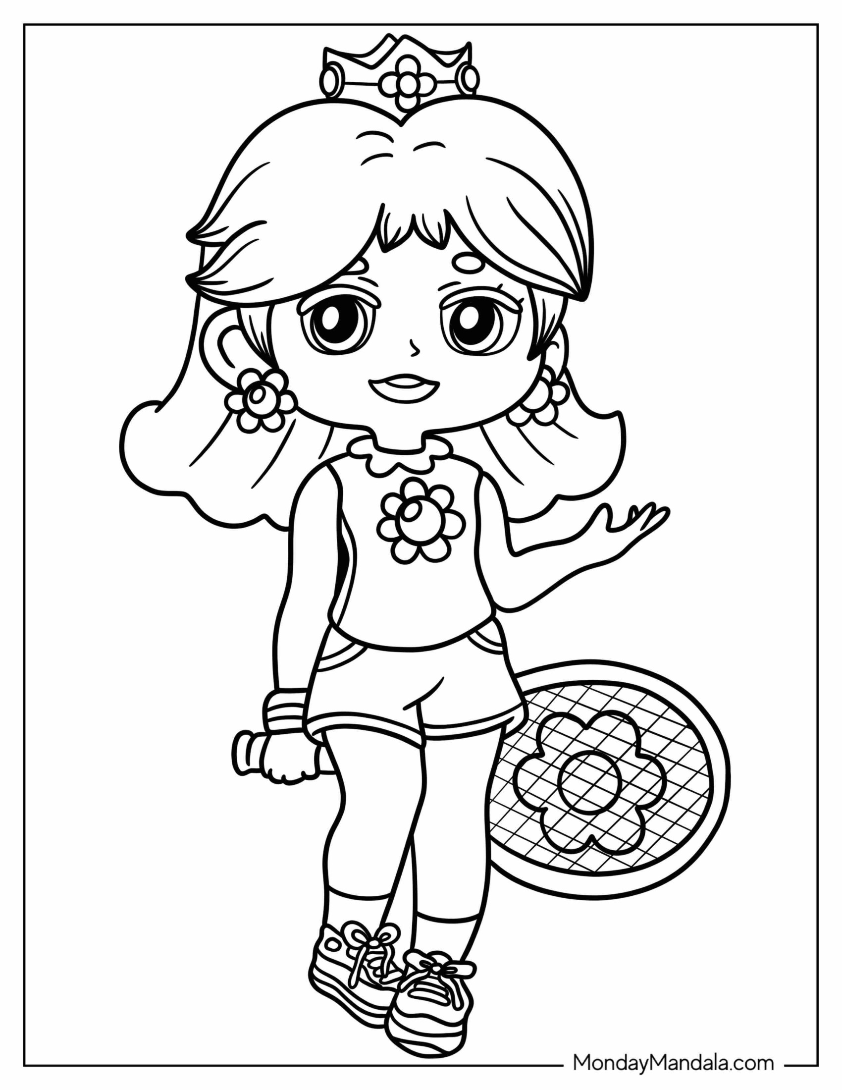 Kawaii Chibi Princess Daisy Coloring Page Holding Tennis Racket For Preschoolers