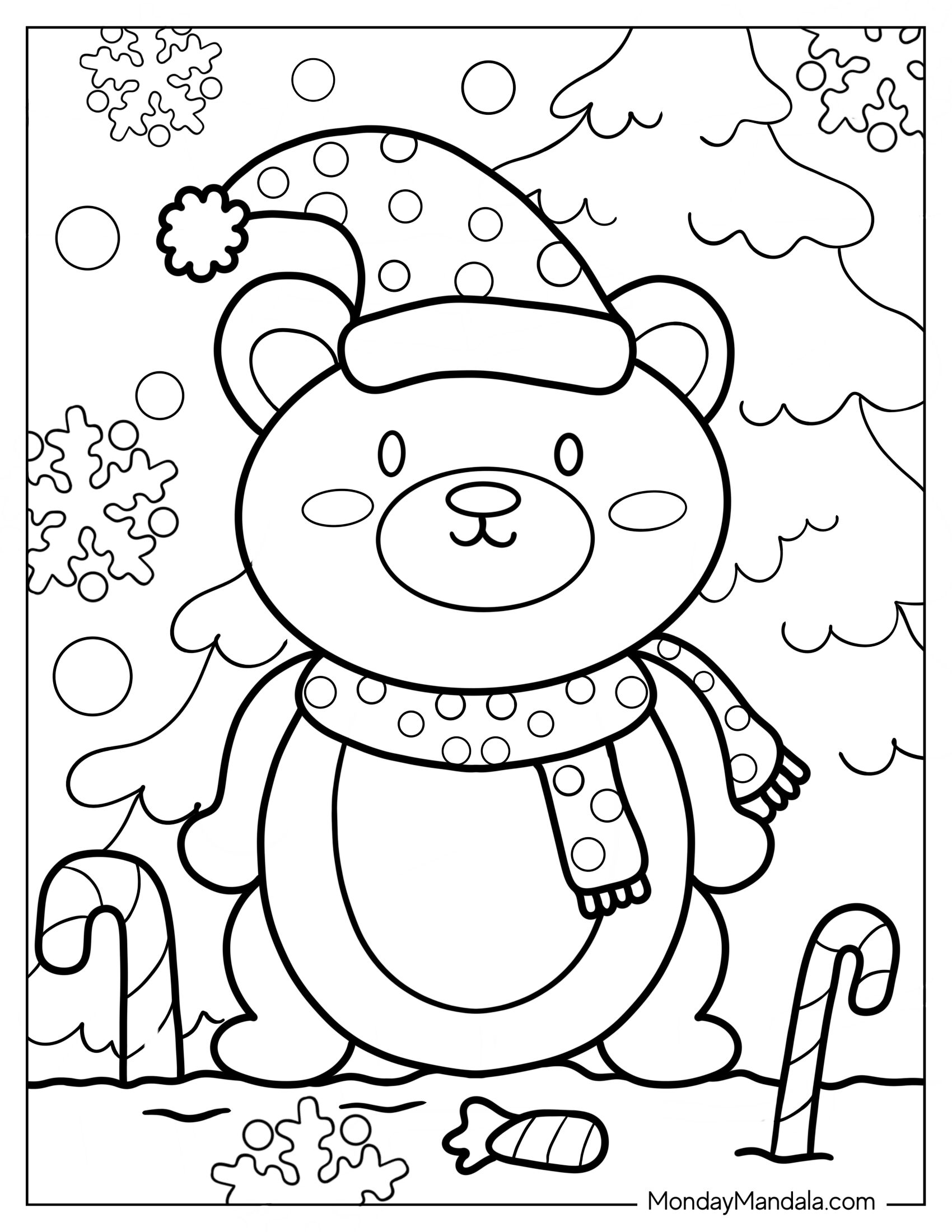 Kawaii Christmas Polar Bear Coloring In