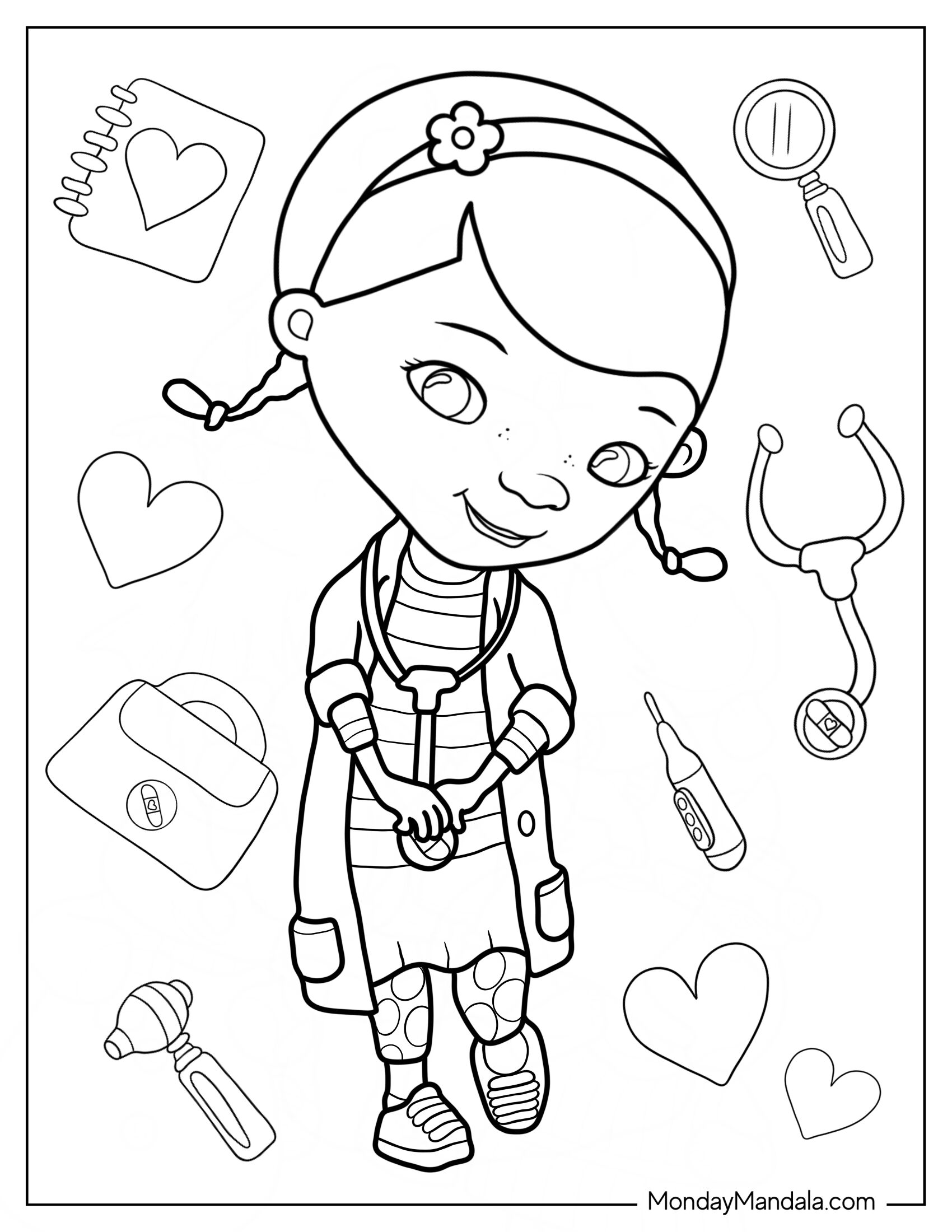 Kawaii Doc McStuffins Coloring Page Wearing Stethoscope