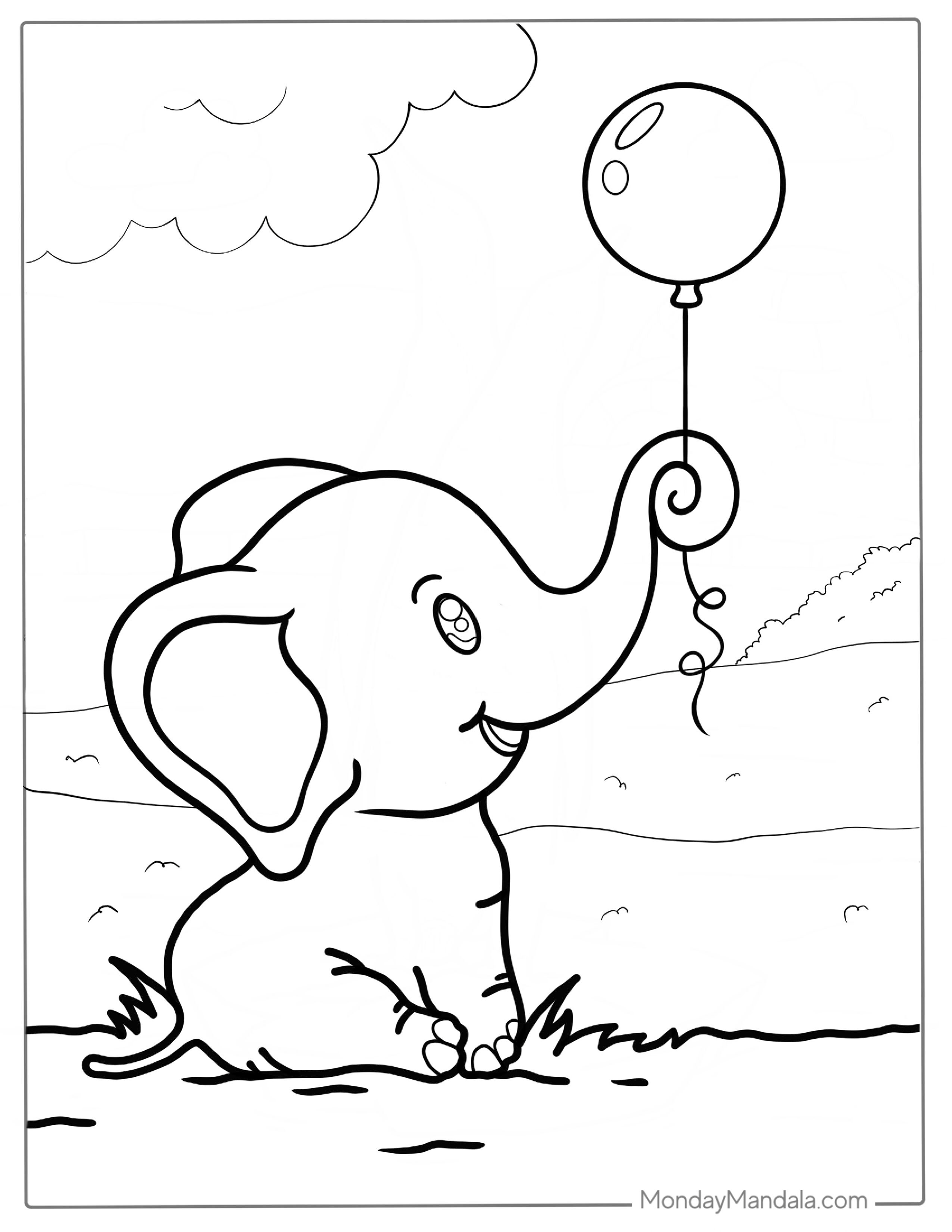 Kawaii Elephant Holding Balloon Coloring For Preschoolers