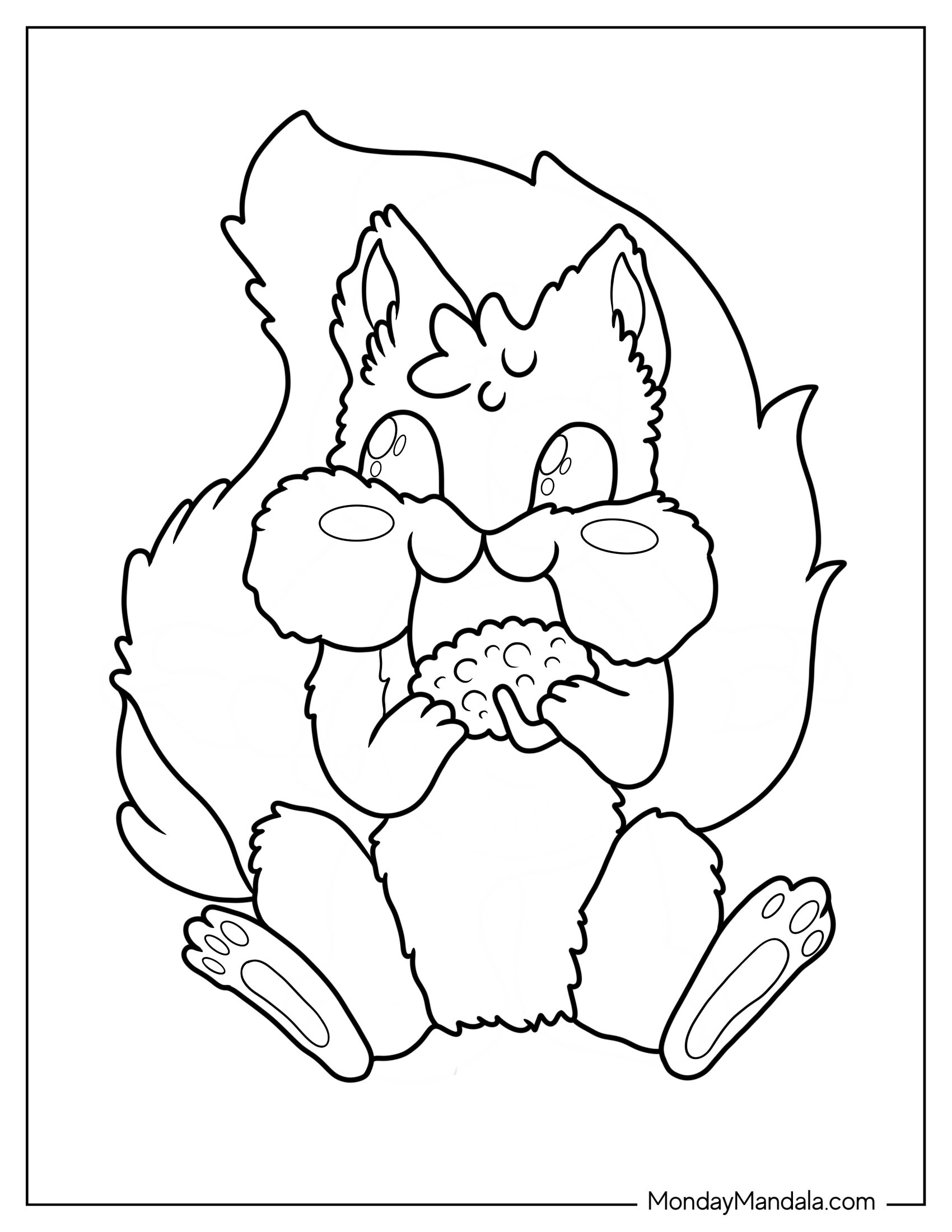 Kawaii Fluffy Squirrel Coloring Page Chewing On Nut