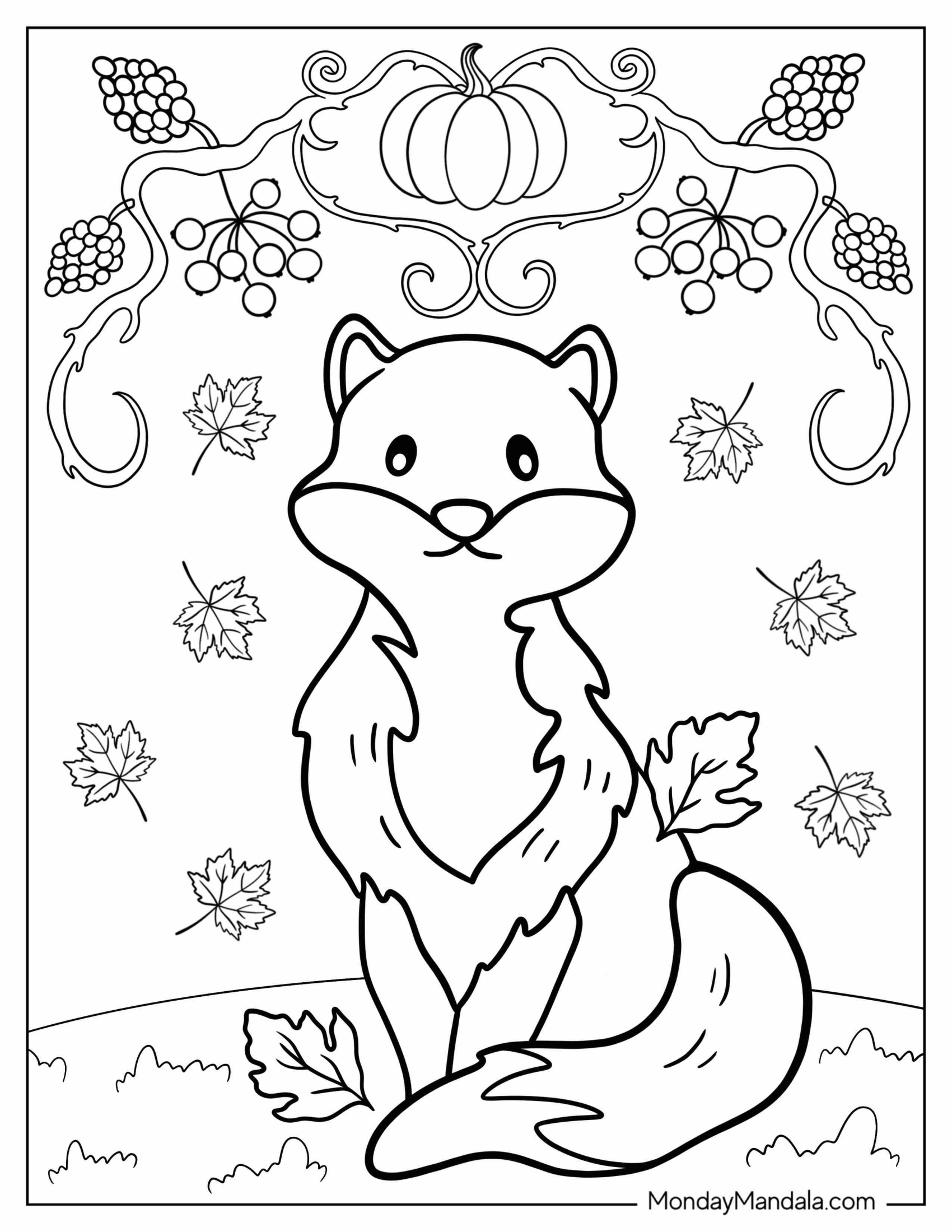 Kawaii Fox In Autumn Coloring Sheet For Kids