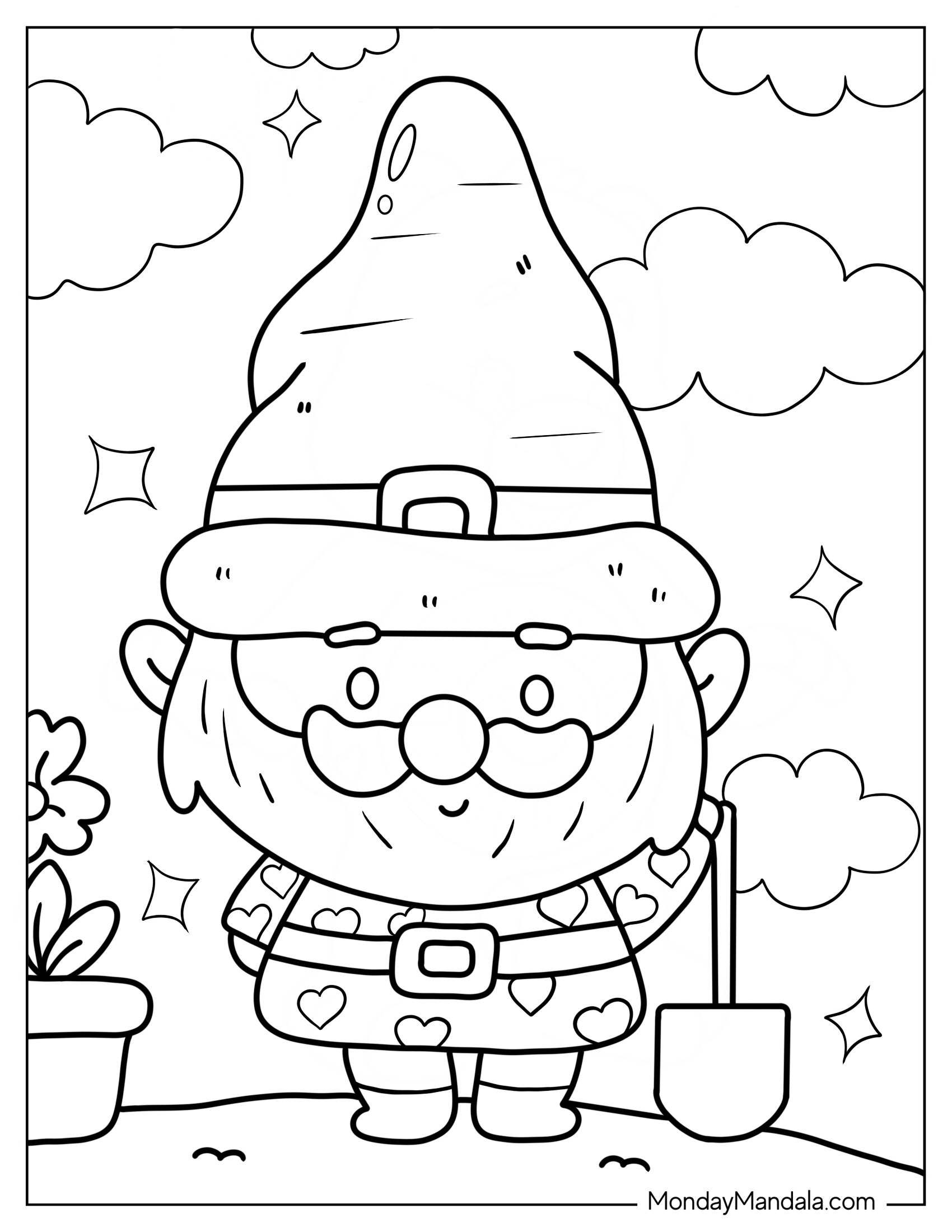 Kawaii Gnome Coloring Page Holding Shovel For Kids