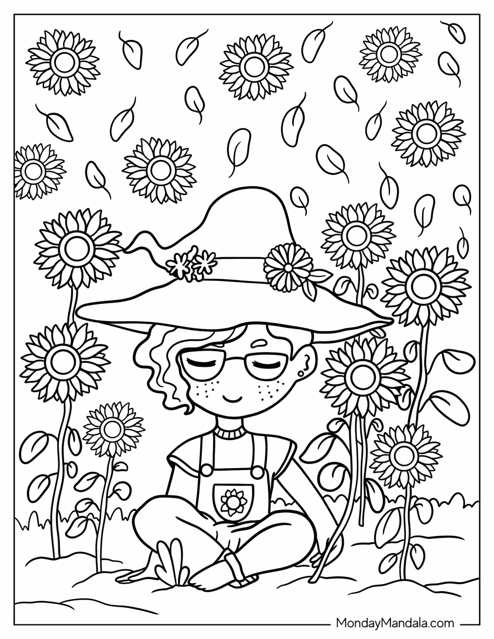 Kawaii Hippie Coloring Page Of Girl With Sunflowers For Kids