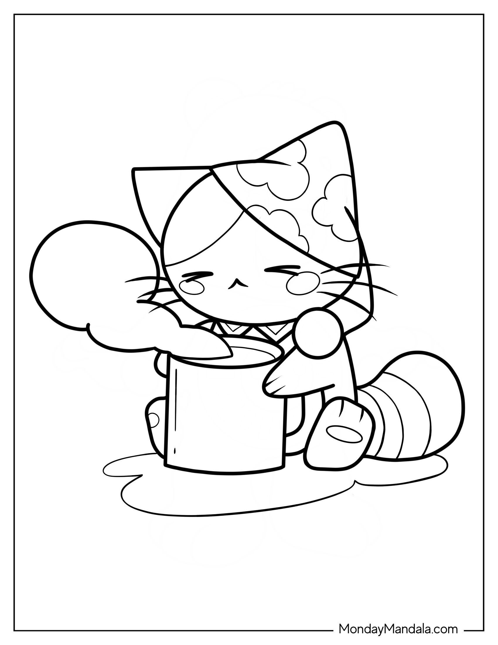 Kawaii Kitten Holding A Steaming Cup Of Coffee Coloring Page