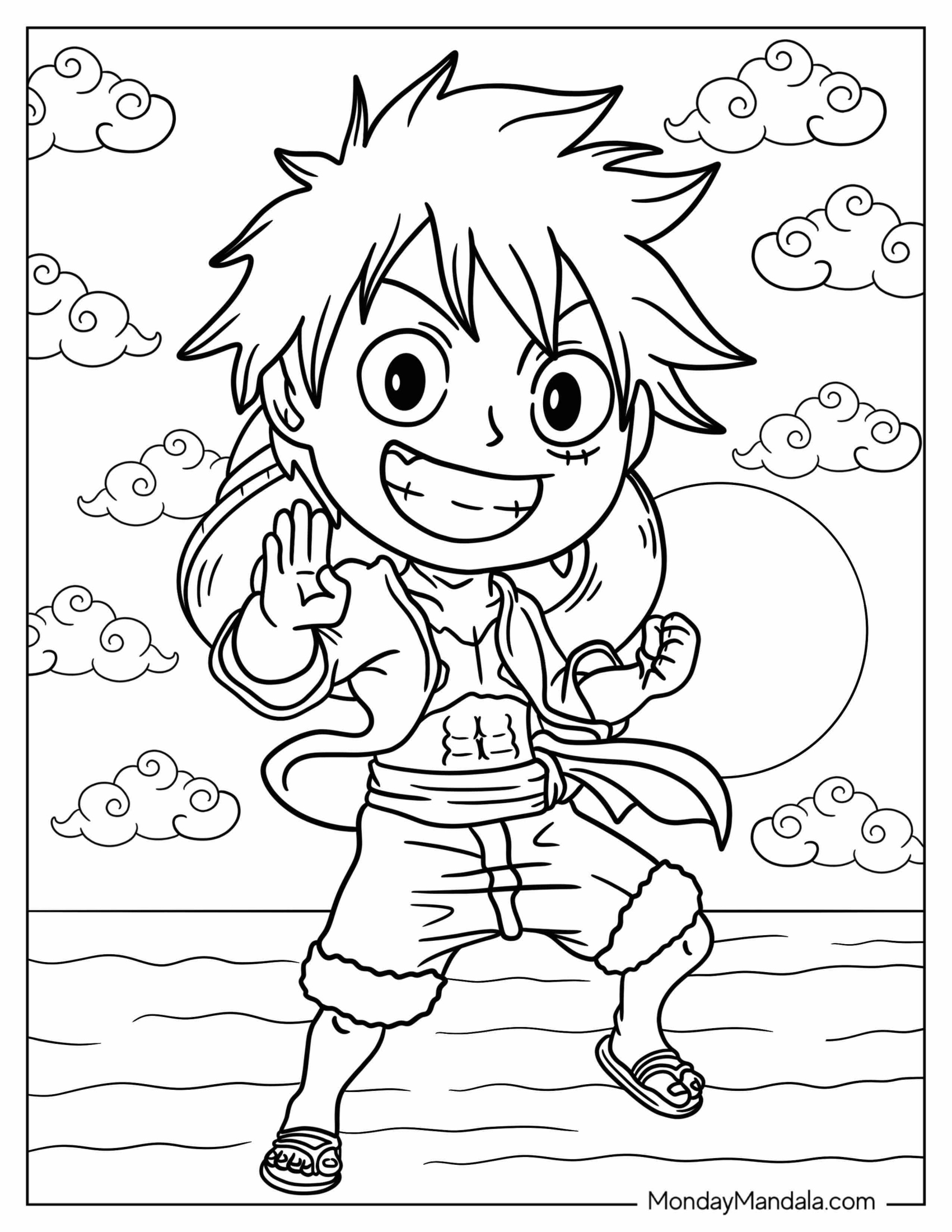 Kawaii Luffy Coloring Page In Fighting Pose On The Sea For Kids