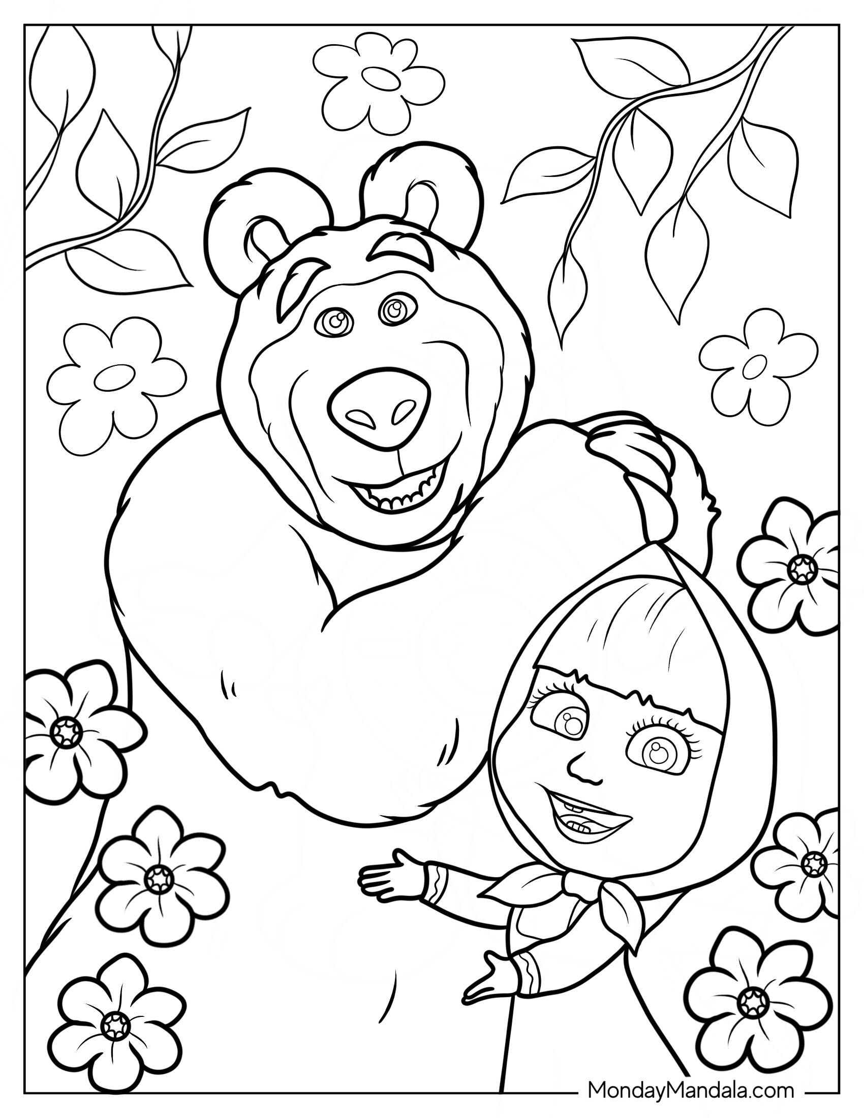 Kawaii Masha And The Bear Coloring Page With Flowers