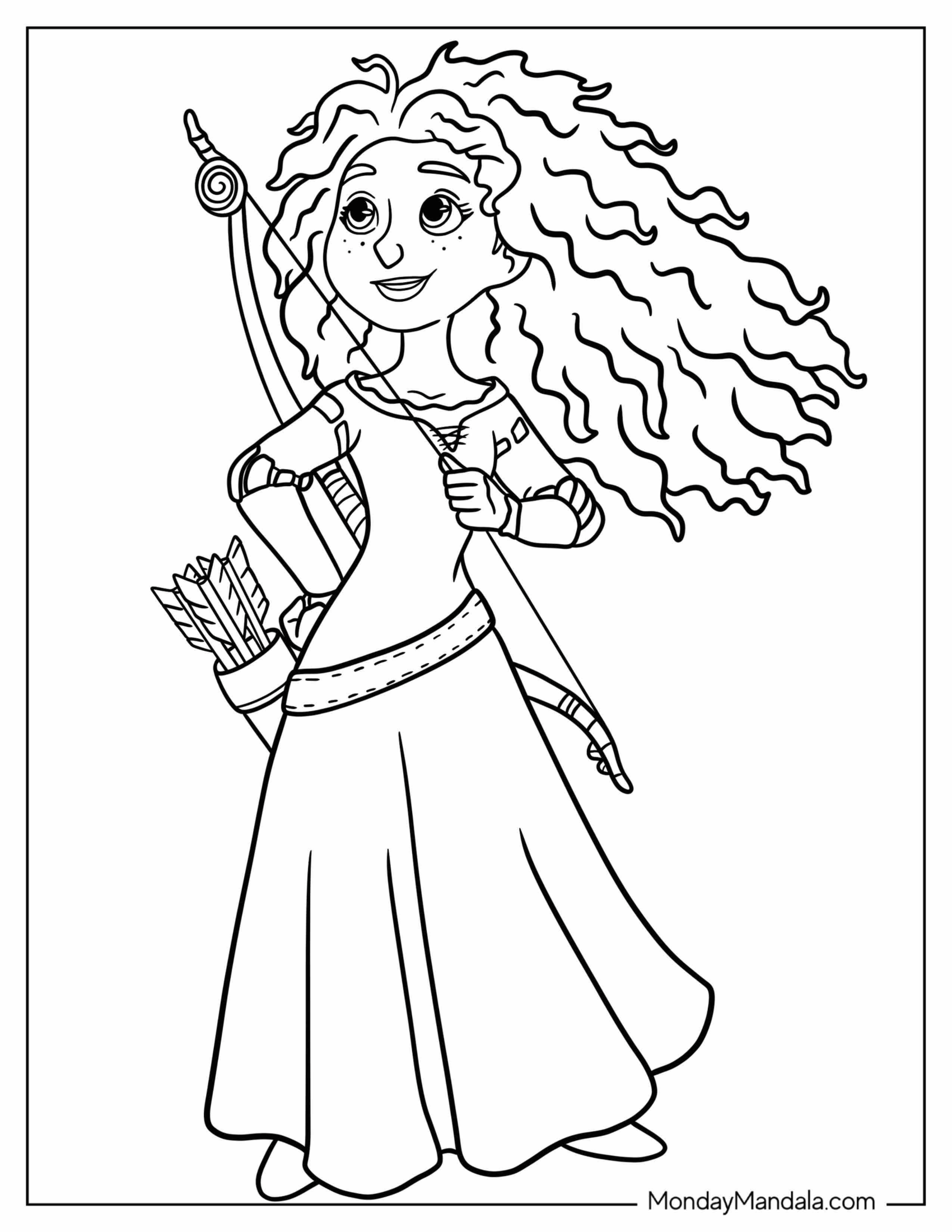 Kawaii Merida Coloring Page With Bow And Arrows For Kids