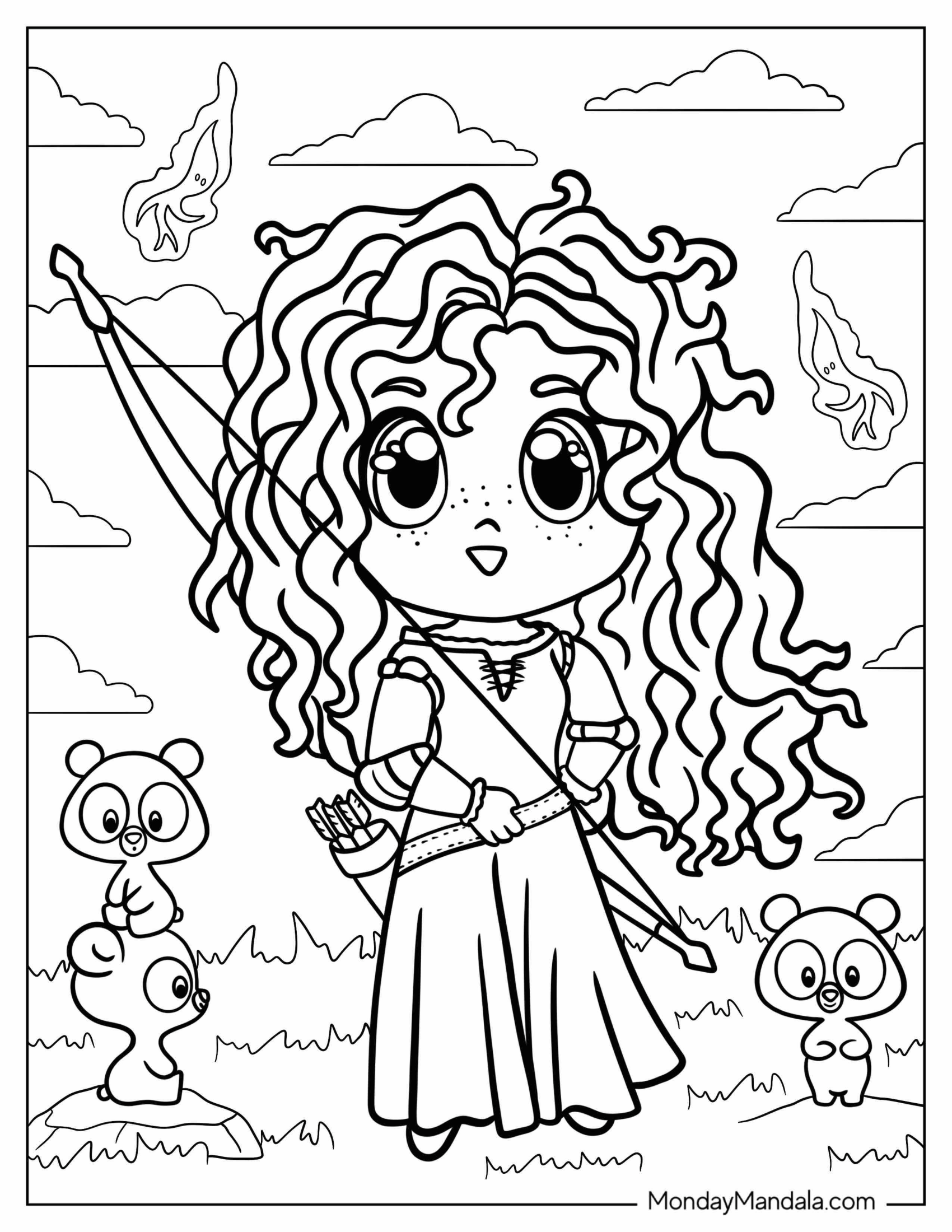 Kawaii Merida Coloring Page With Her Triplet Bear Cubs