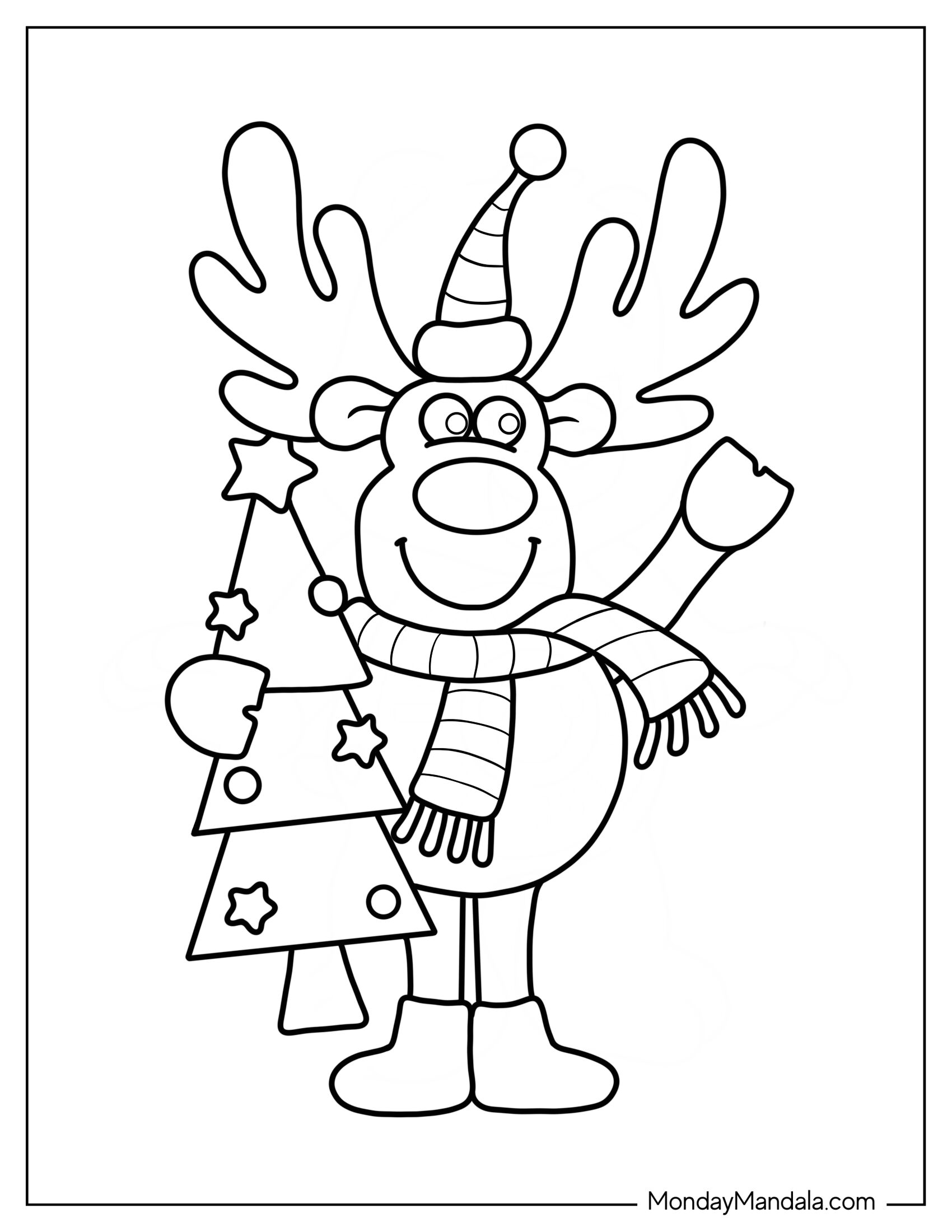 Kawaii Moose Coloring Page In Santa Hat Holding Christmas Tree For Kids