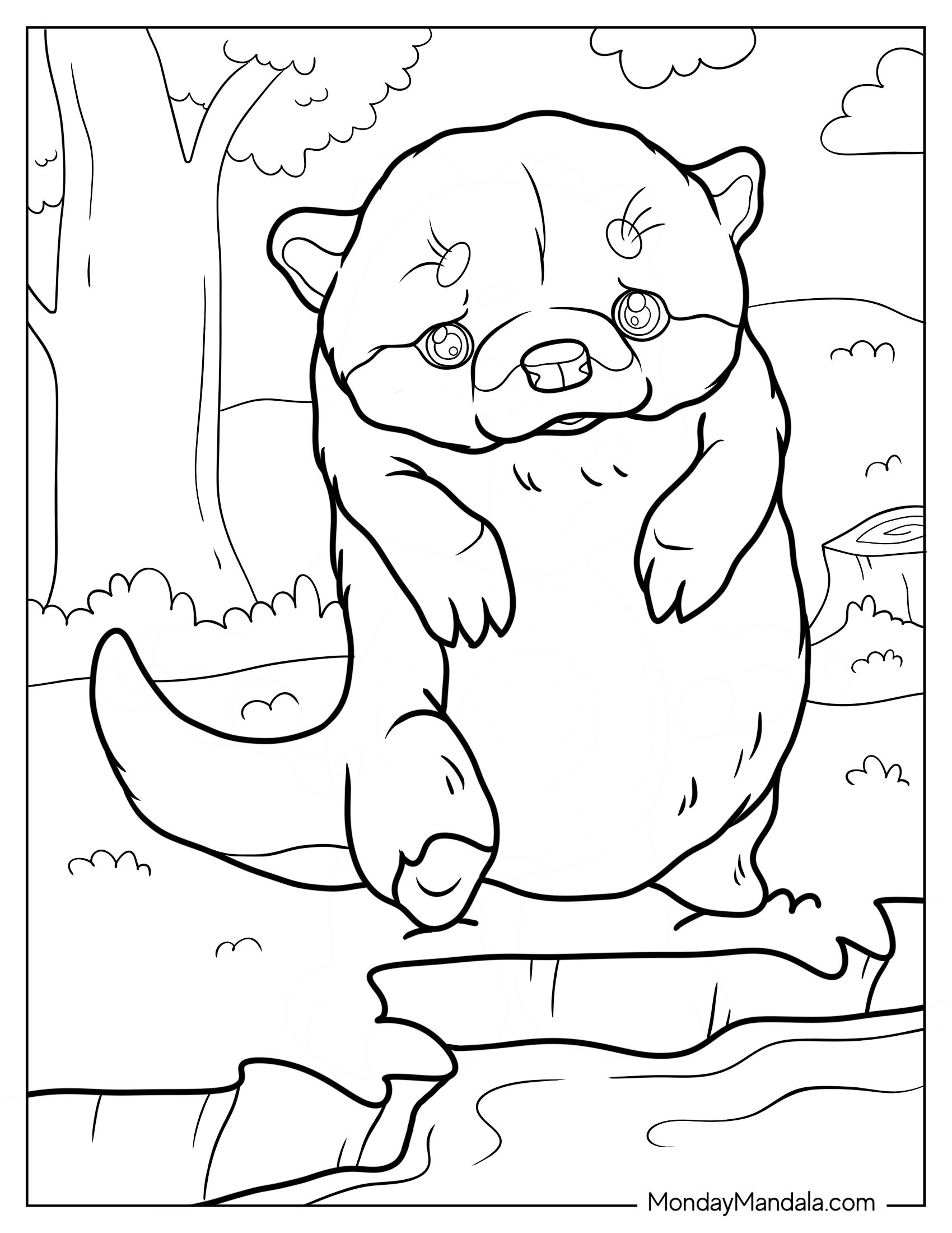 Kawaii Otter Coloring Page In The Forest For Kids