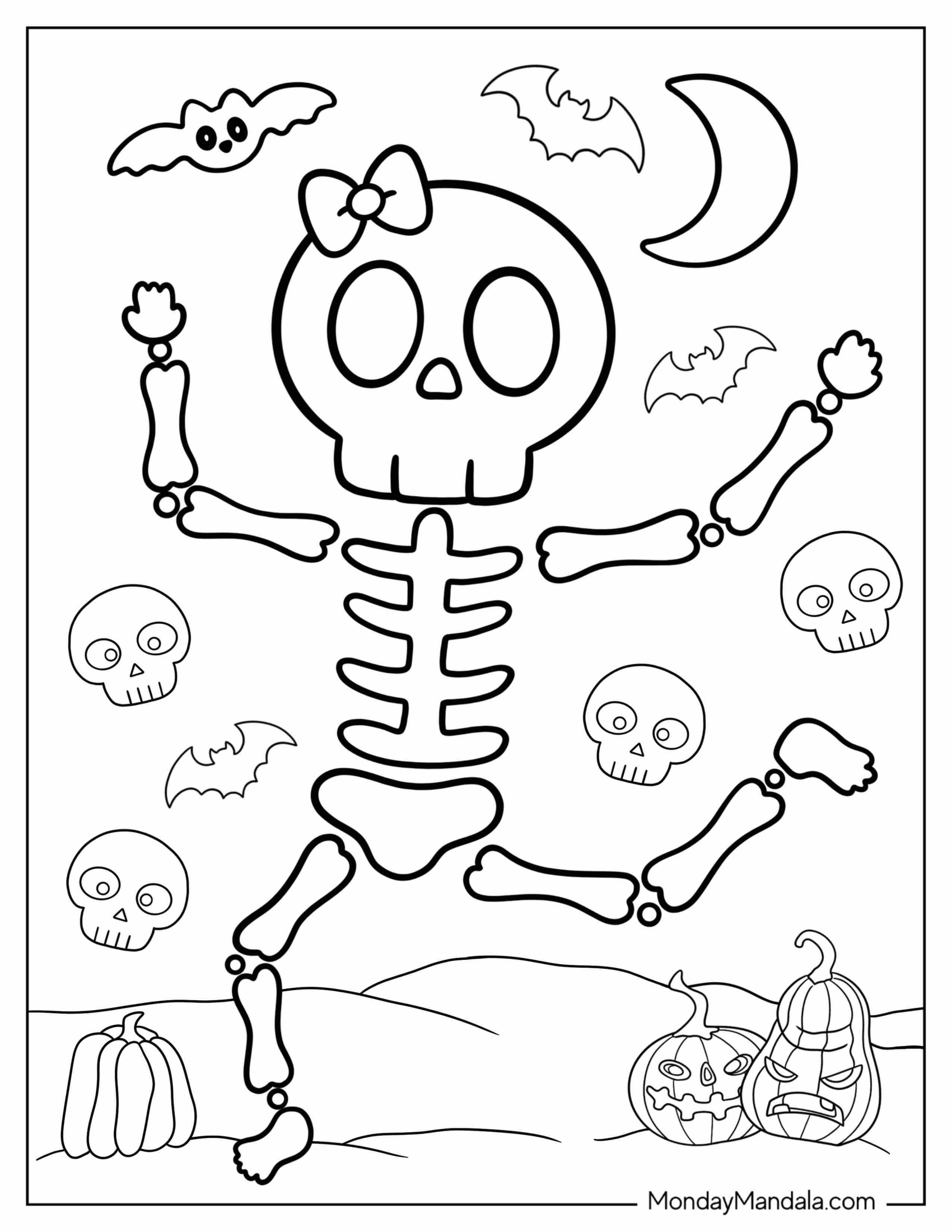 Kawaii Skeleton Coloring Page With Bow