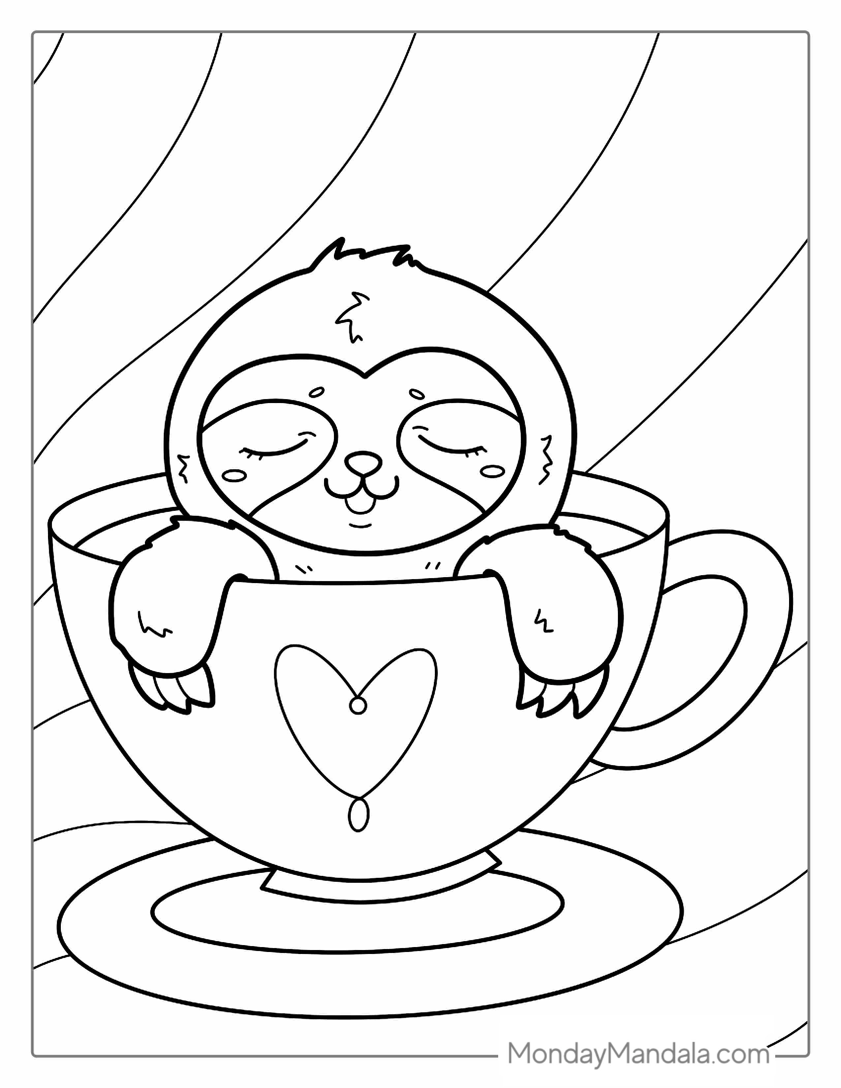 Kawaii Sloth Sitting In Teacup Coloring For Preschoolers