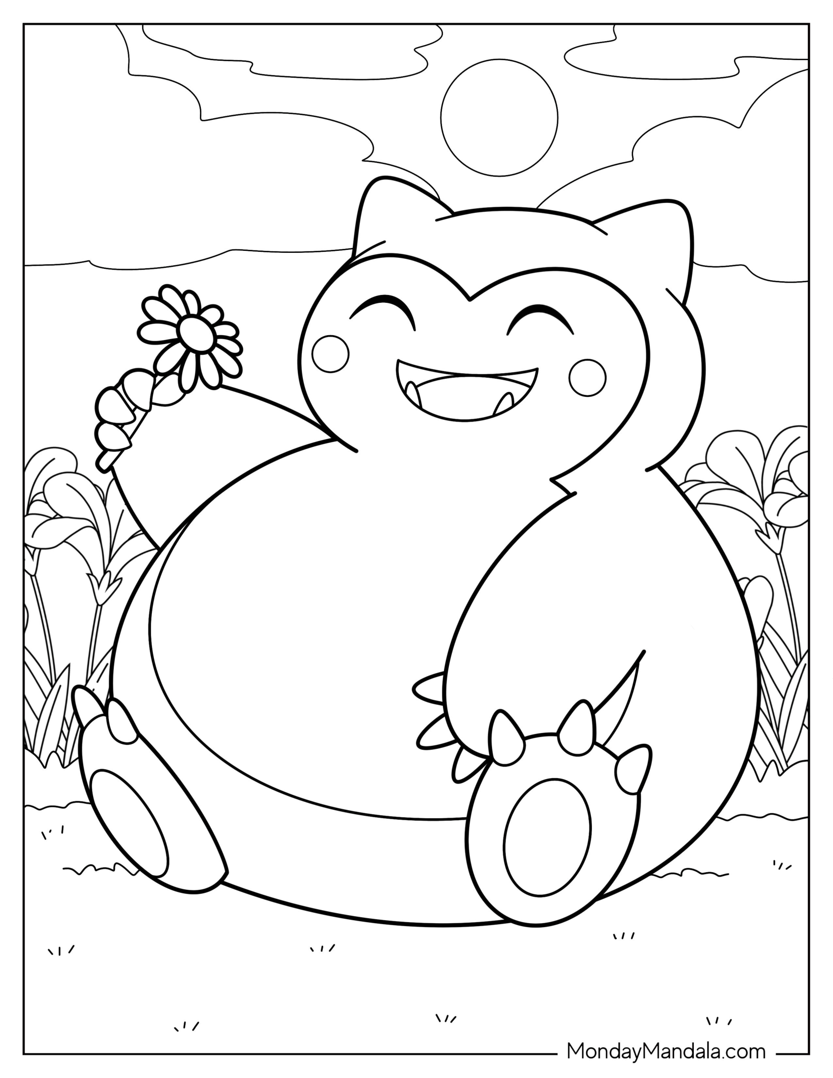 Kawaii Snorlax Coloring Page Holding Flower For Kids