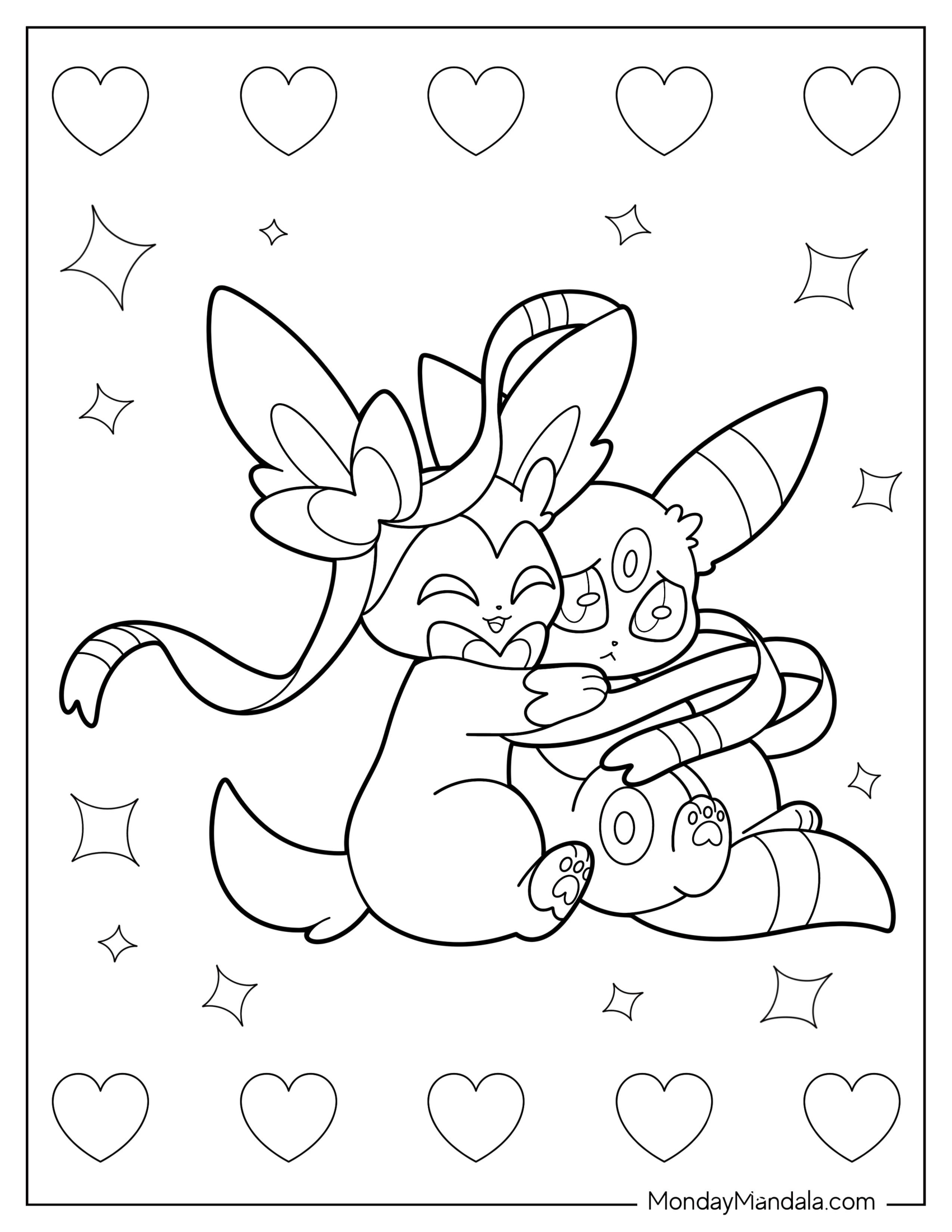 Kawaii Sylveon Hugging Umbreon Coloring Page