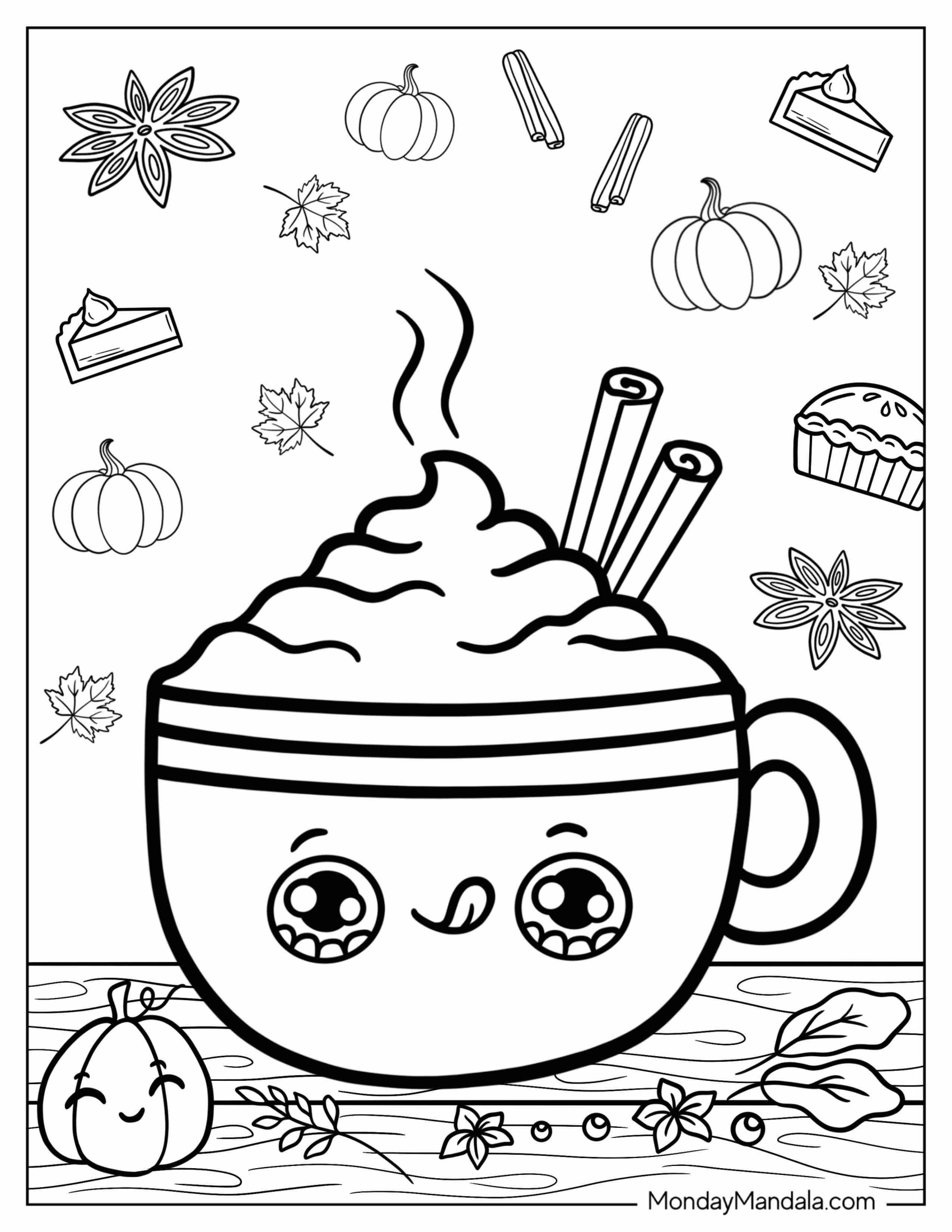 Kawaii Thanksgiving Hot Chocolate Coloring In For Preschoolers