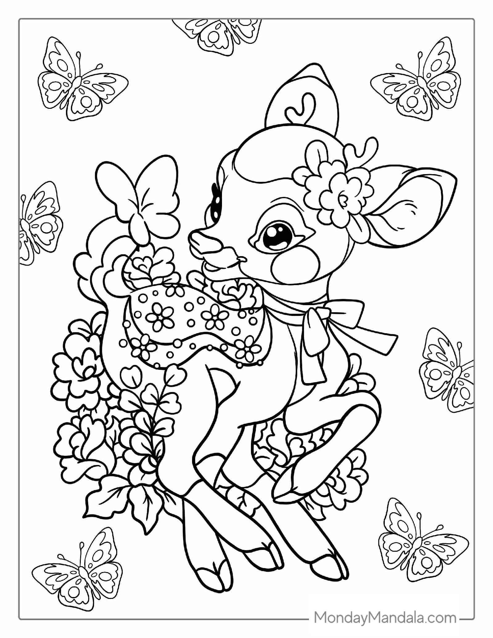 Kawaii Themed Deer Coloring Page