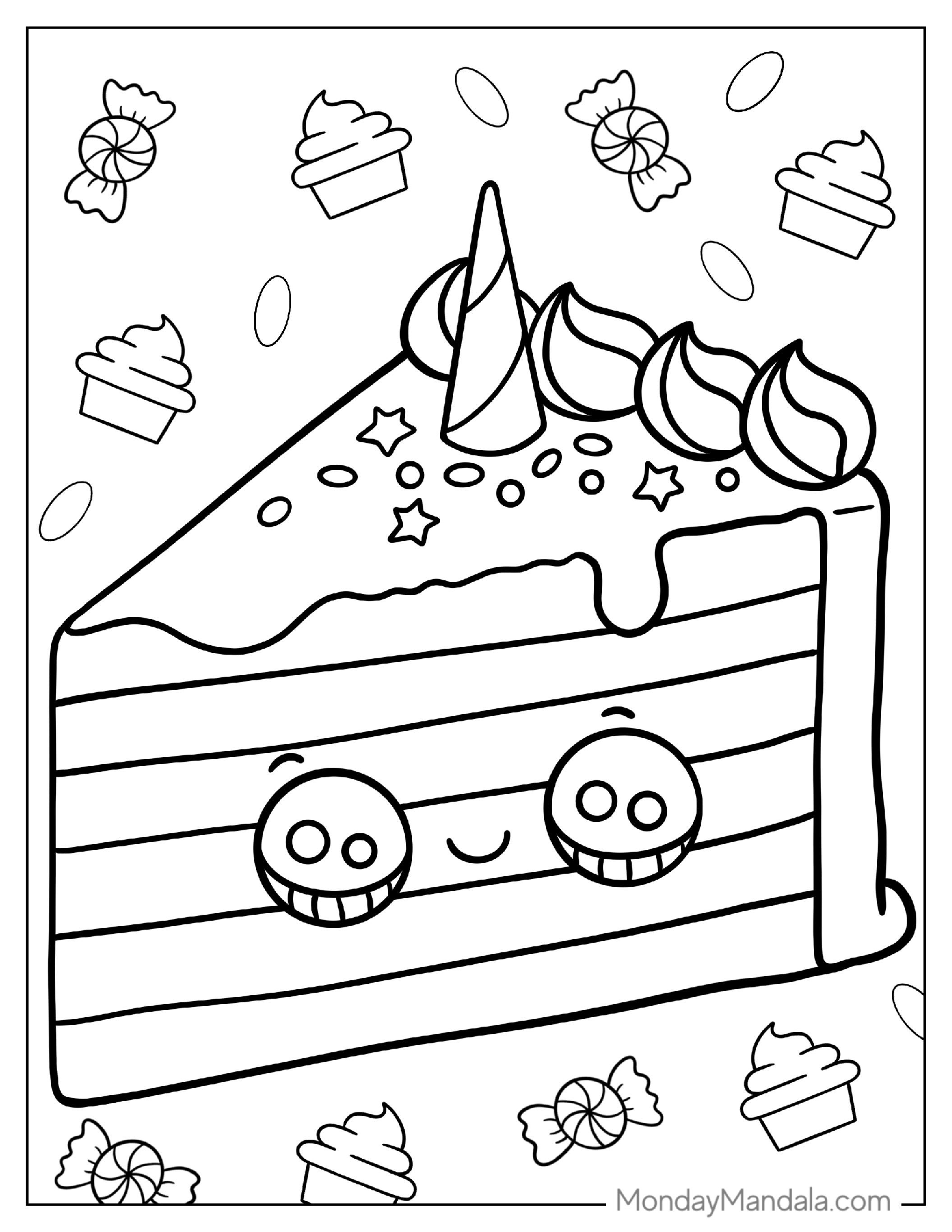 Kawaii Themed Unicorn Cake Coloring Page