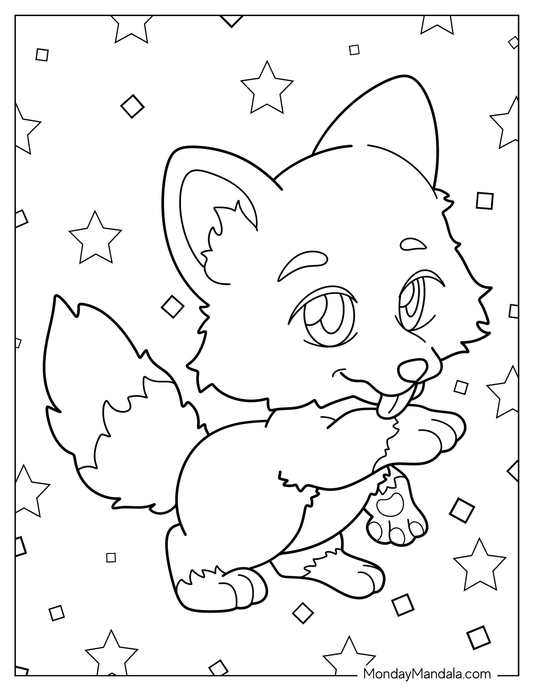 Kawaii Wolf Coloring Page Licking Paw For Preschoolers