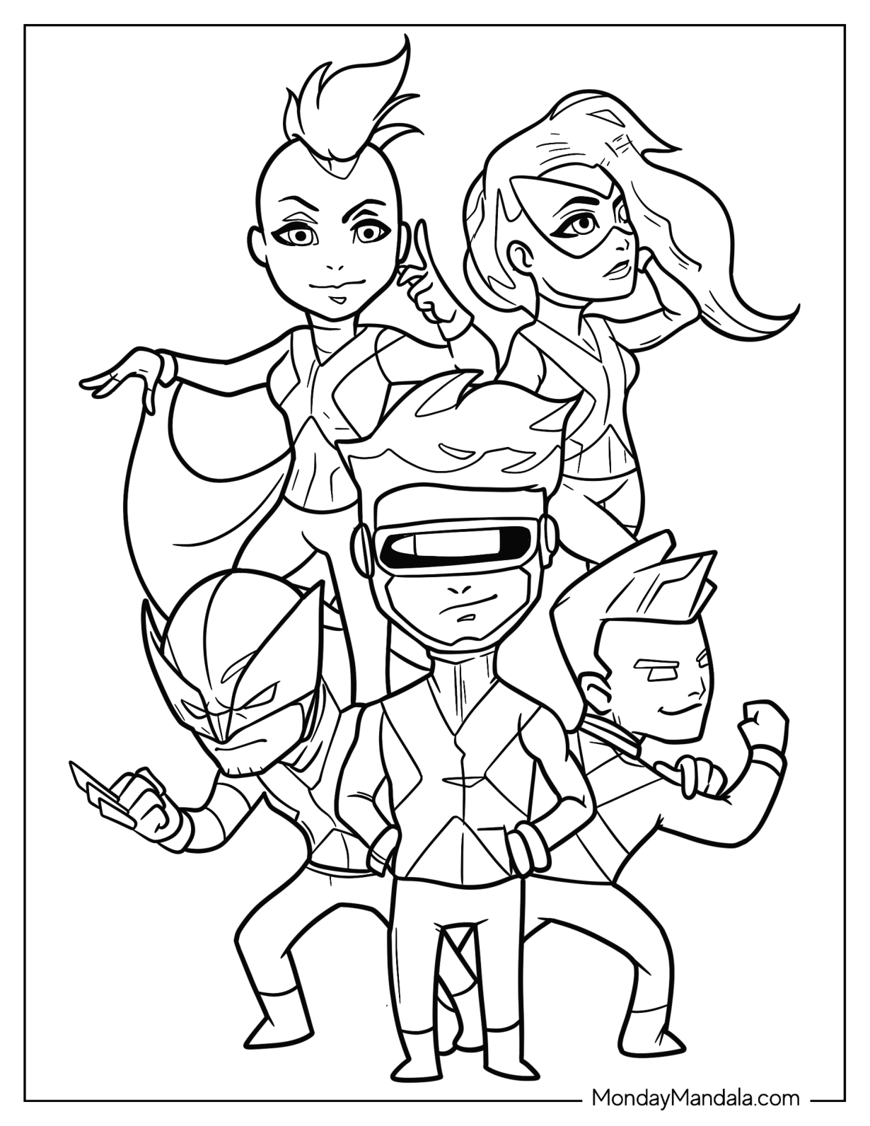 Kawaii X-Men Coloring Page Of Cyclops, Colossus, Wolverine, Storm, And Phoenix For Kids