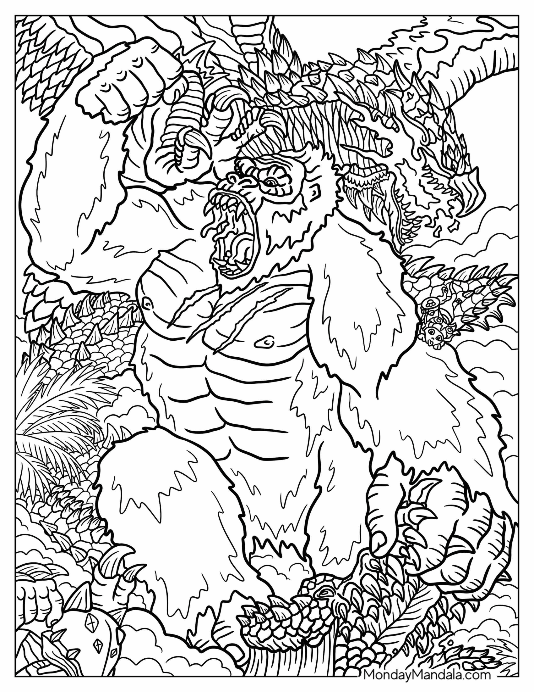 King Kong Coloring Page Defeating Dragon