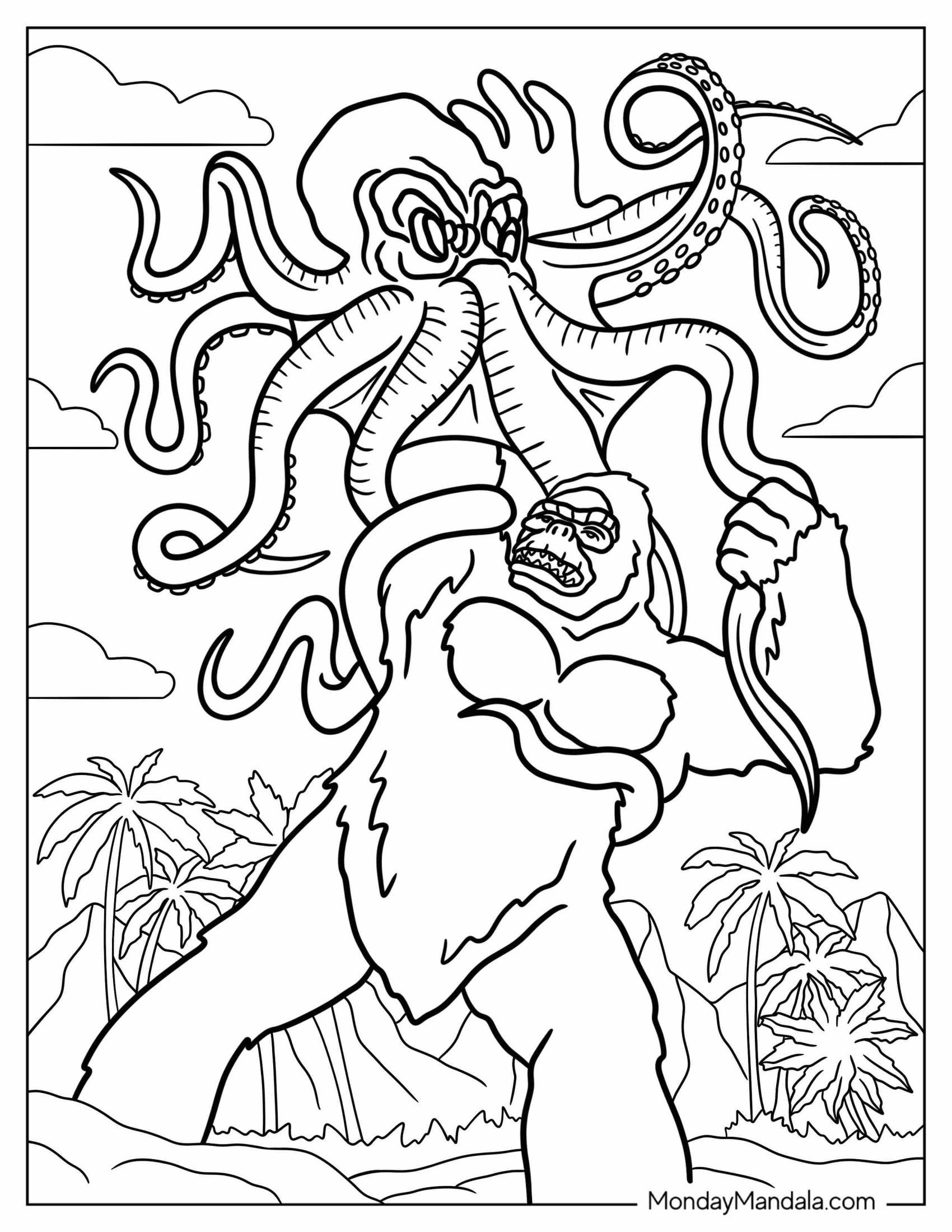 King Kong Coloring Page Fighting Monster squid