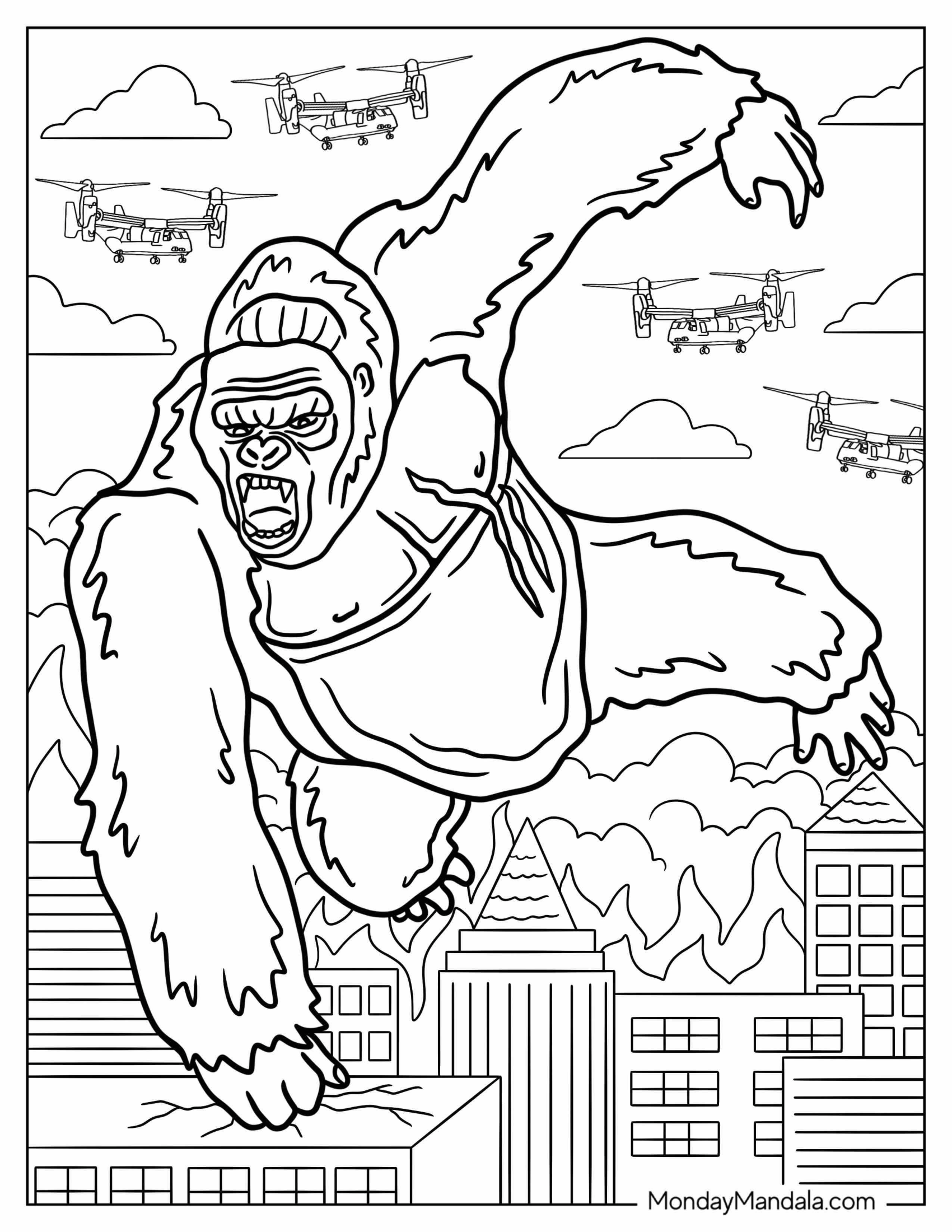 King Kong Coloring Page Leaping Over Building