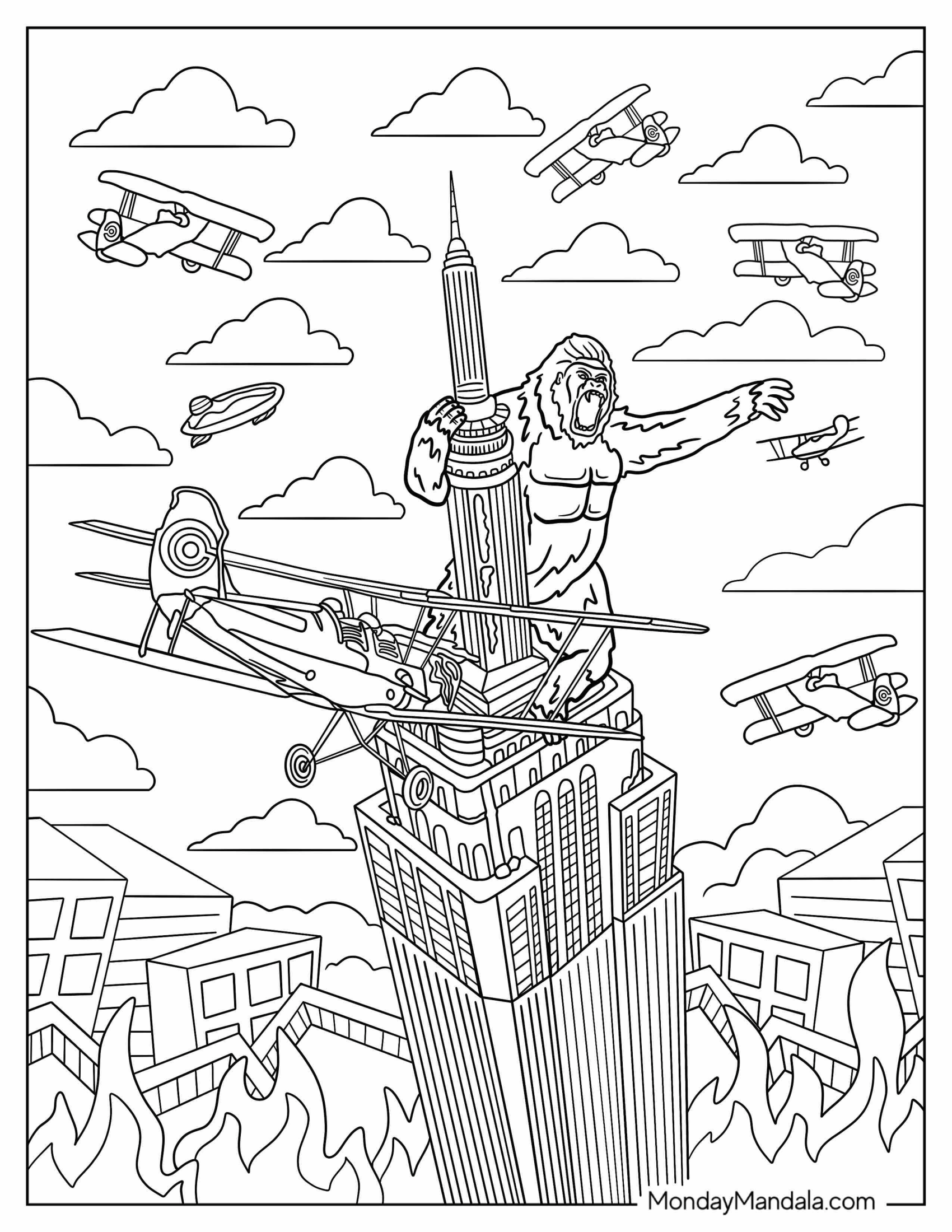 King Kong Coloring Page On Empire State Building Fighting Airplanes