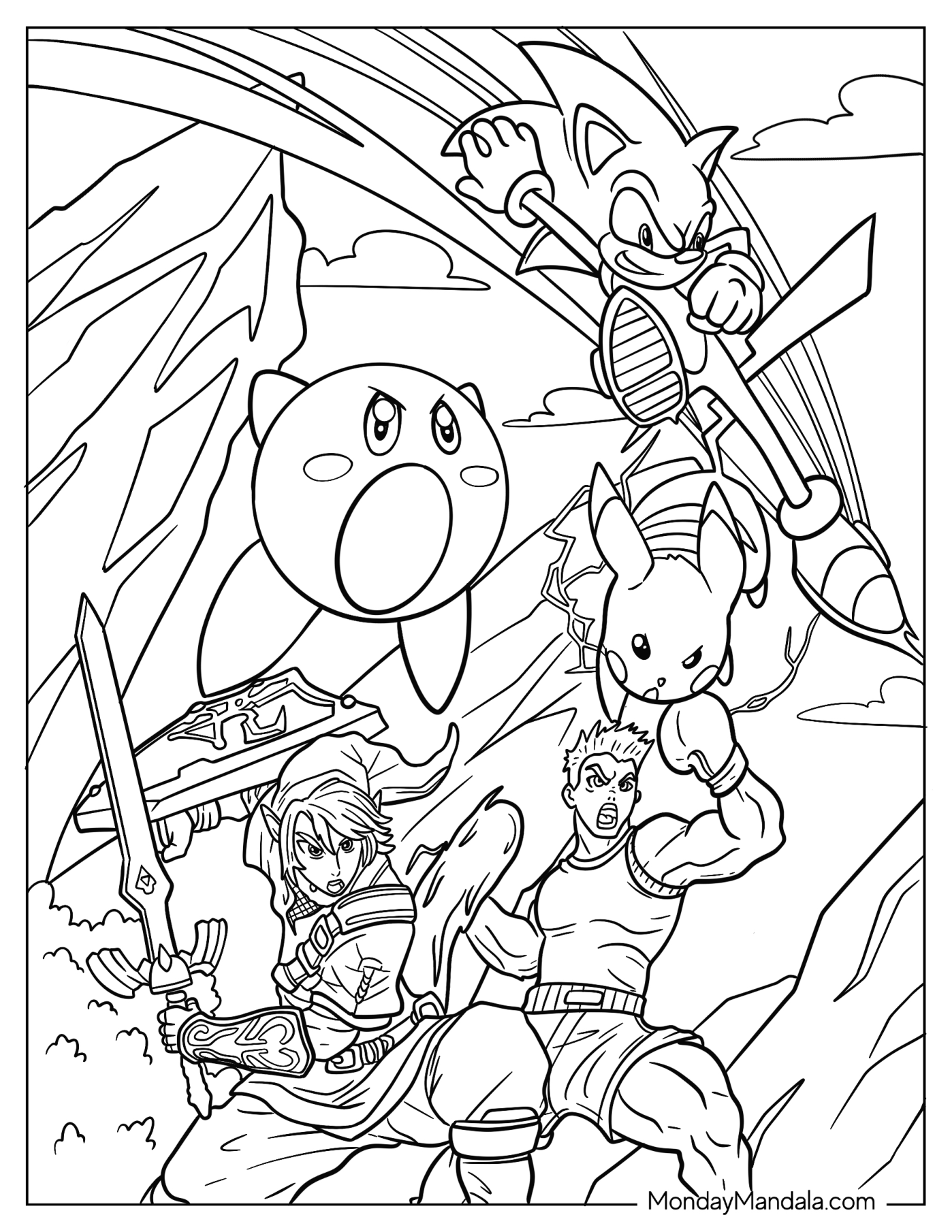 Kirby, Pikachu, Zelda, Sonic, And Little Mac Super Smash Bros Coloring Page