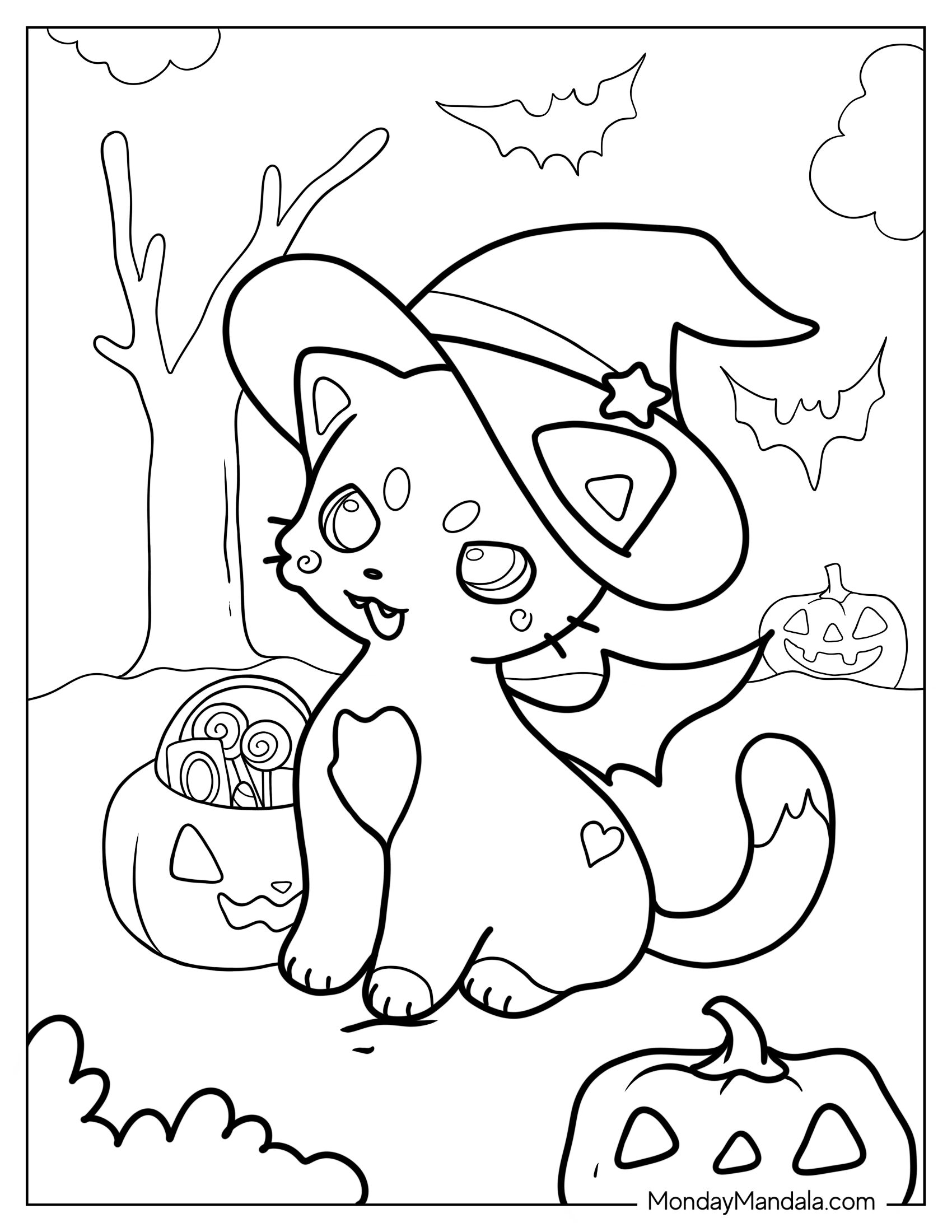 Kitten Wearing Witch_s Hat On Halloween Coloring Sheet