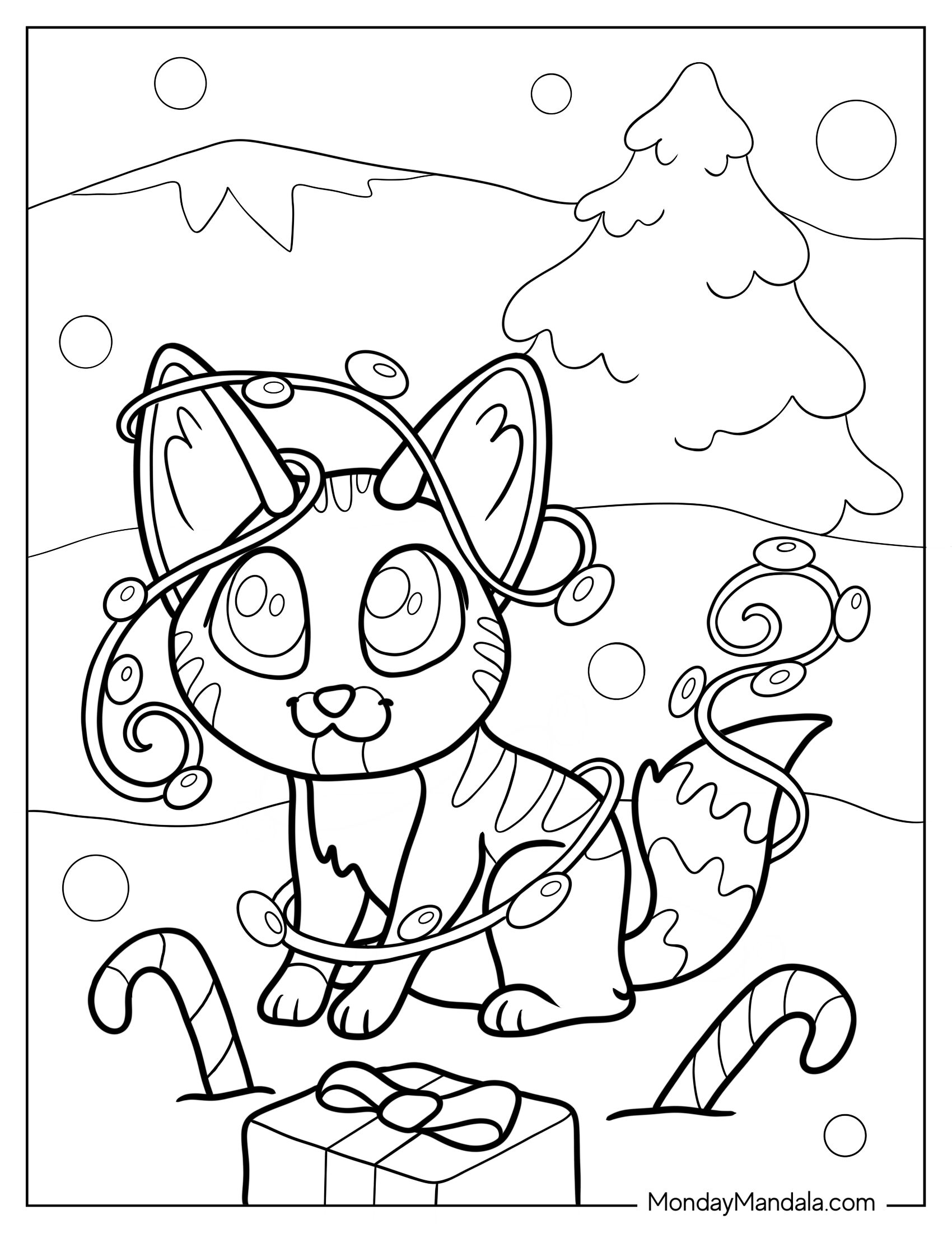 Kitten Wrapped In Christmas Lights Coloring Page