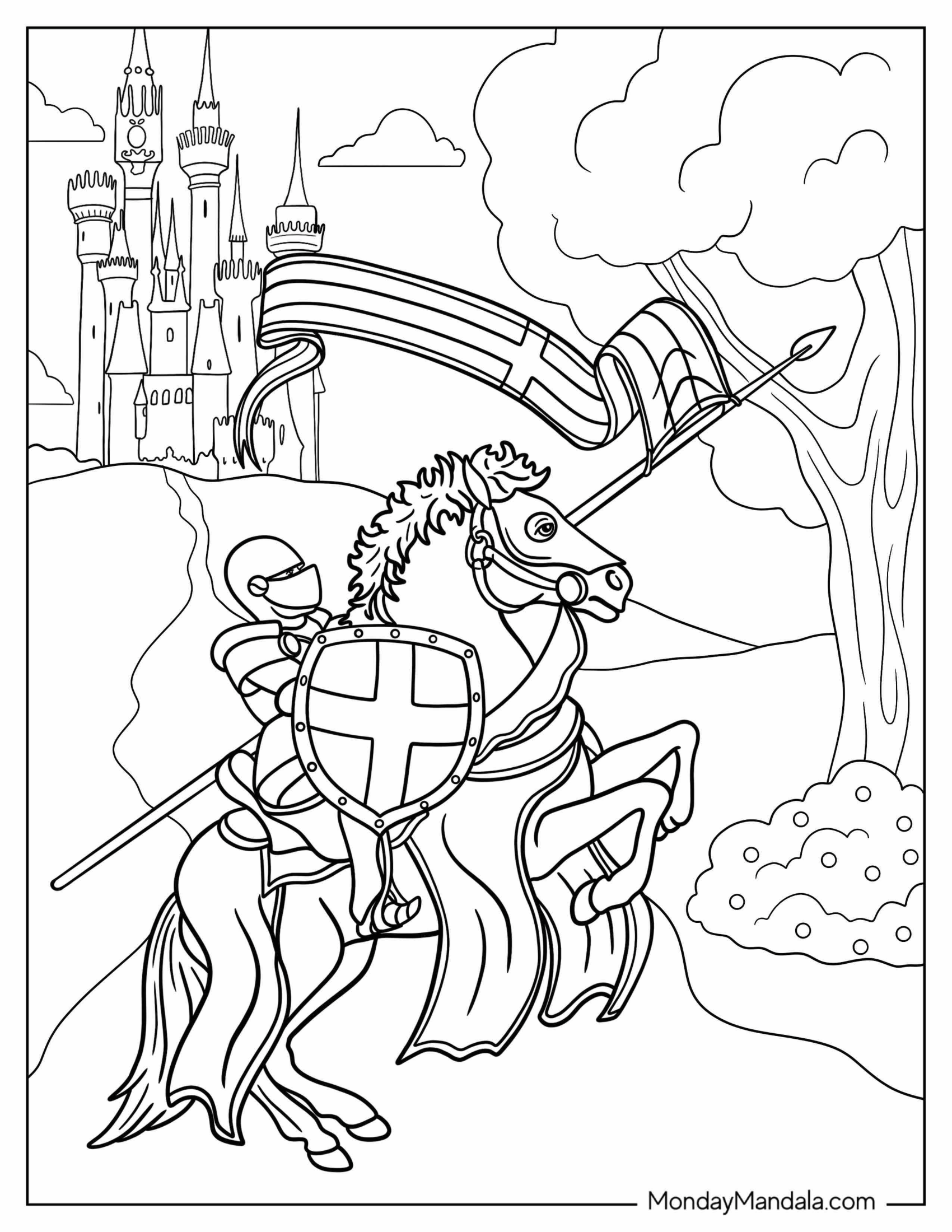 Knight On A Horse Leaving Castle Coloring Sheet