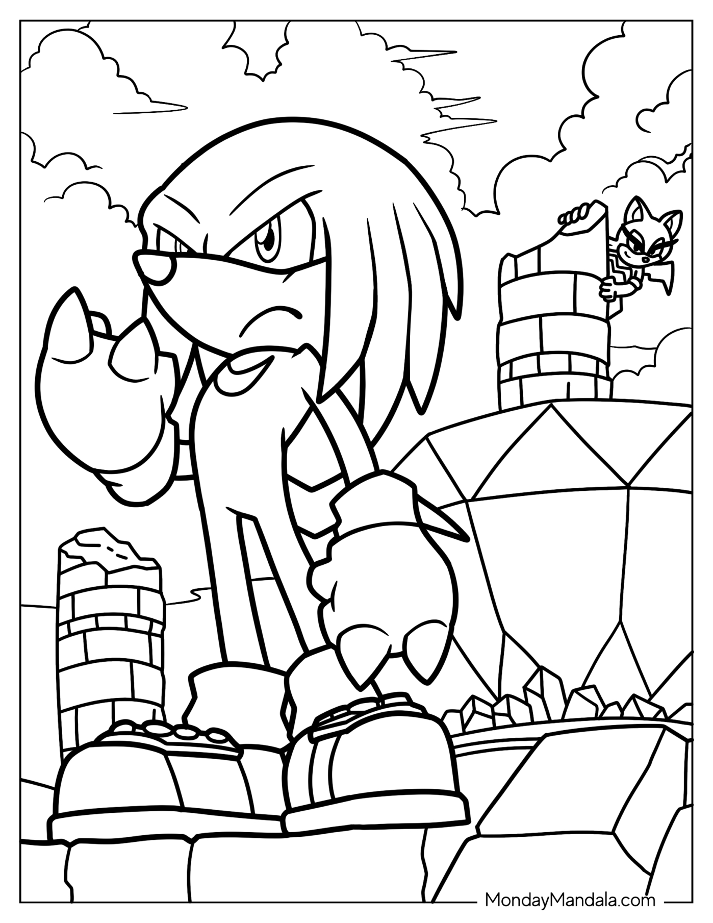 Knuckles Coloring Page Guarding The Master Emerald With Tangle At The Back