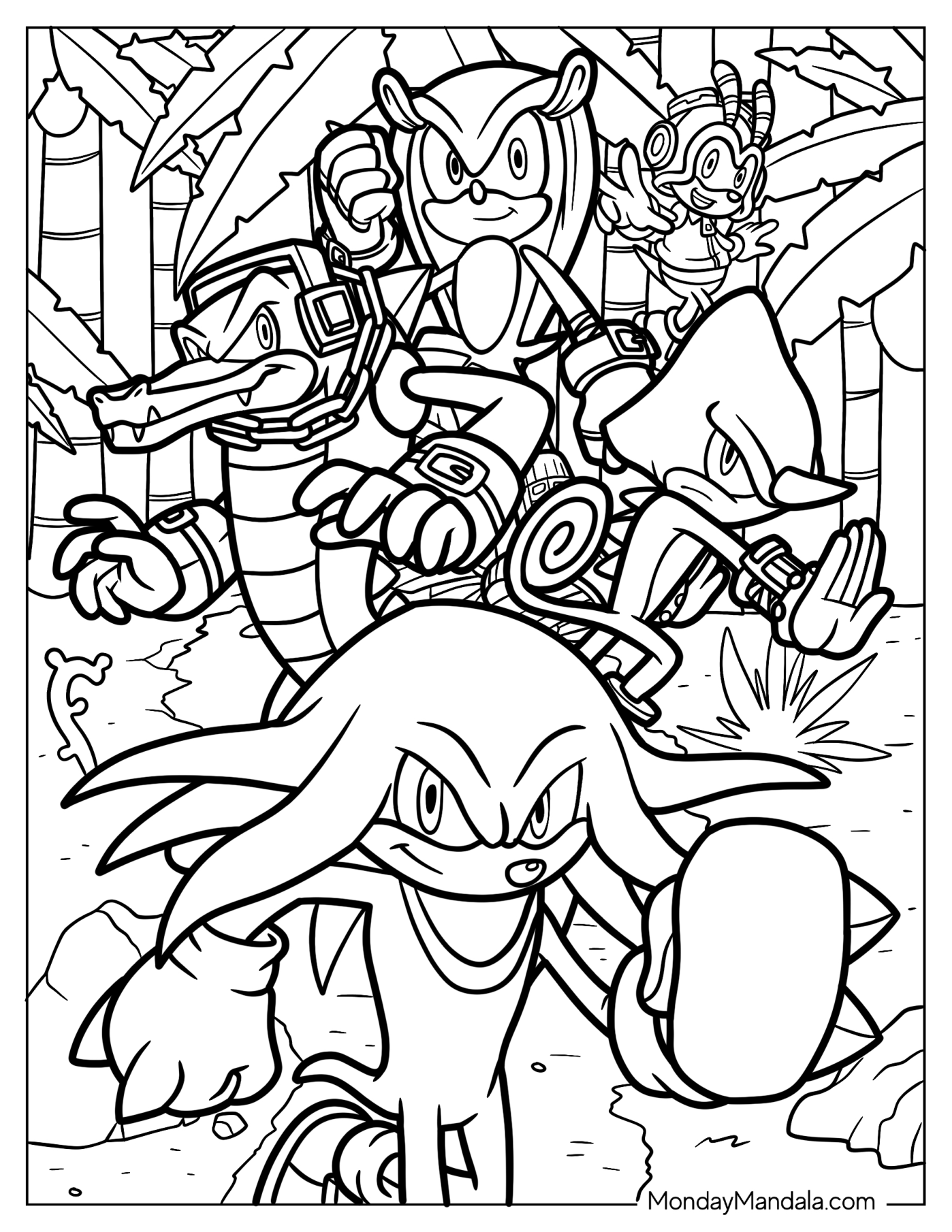 Knuckles Coloring Page With Vector, Mighty, Charmee Bee, And Espio