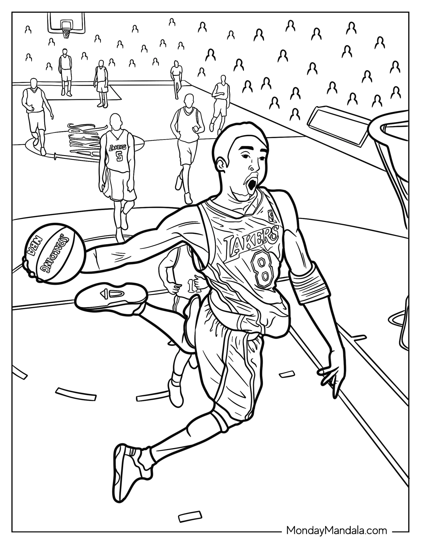 Kobe Bryant Coloring Page In The Air To Dunk Ball During Game