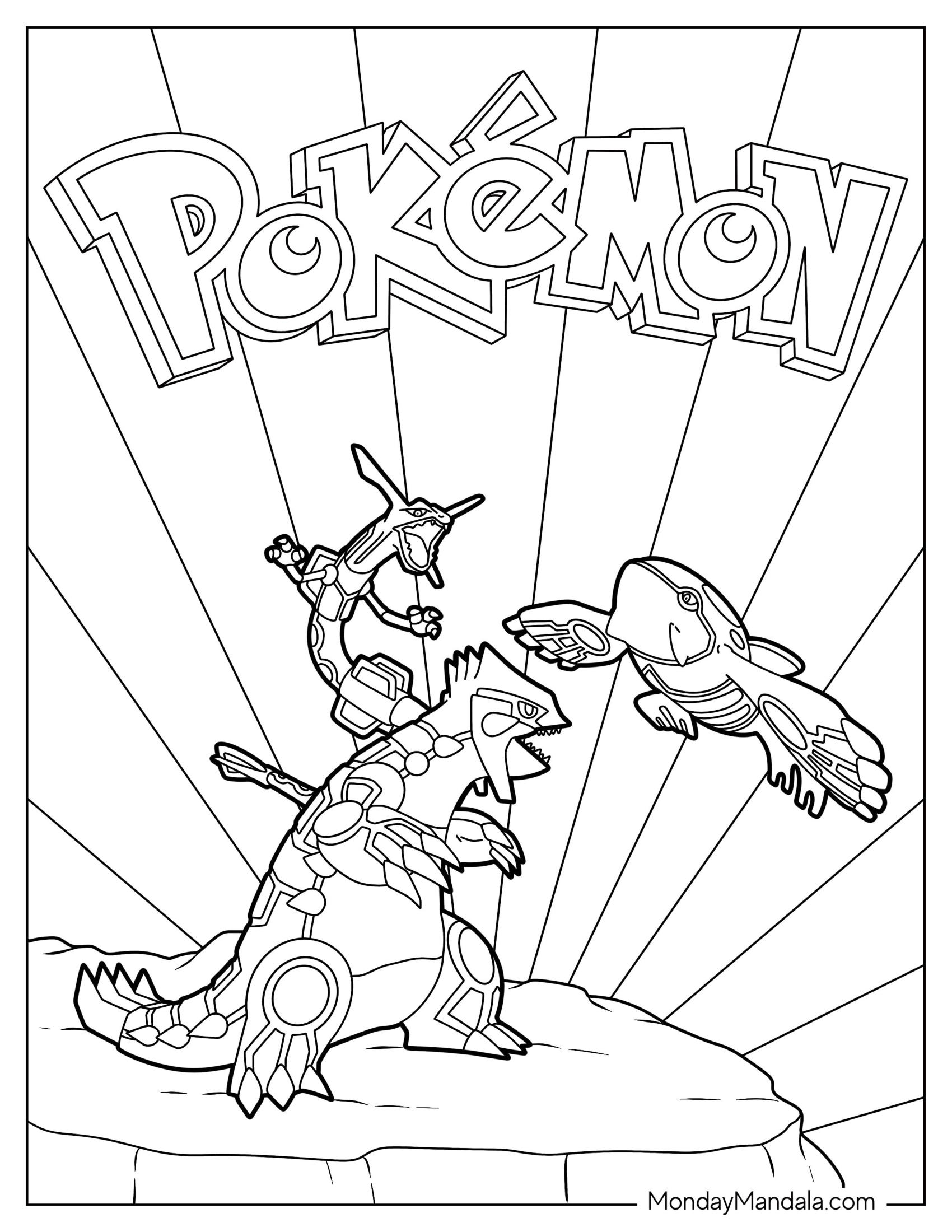 Kyogre Fighting With Groudon And Rayquaza Coloring Page