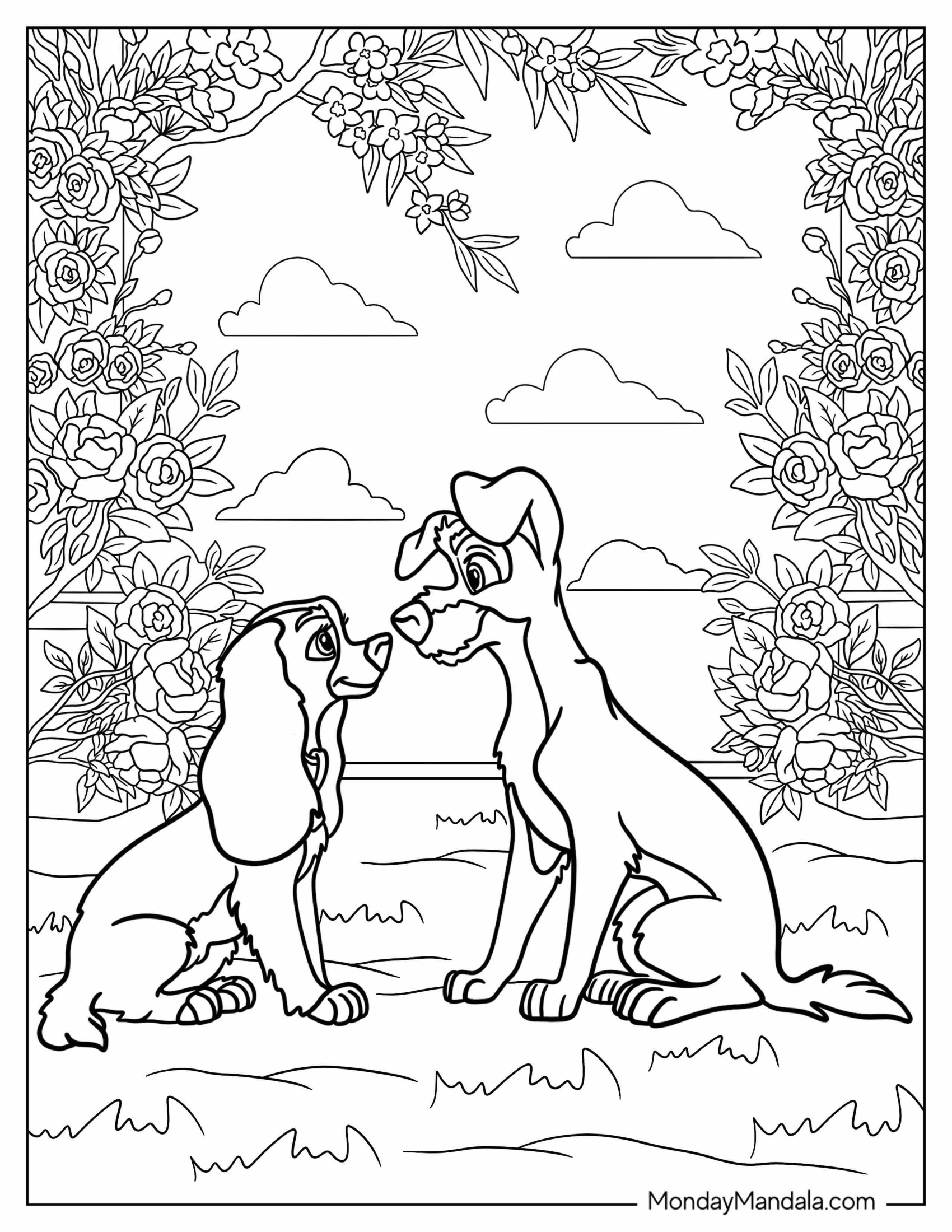 Lady And The Tramp Coloring Page In Flower Garden