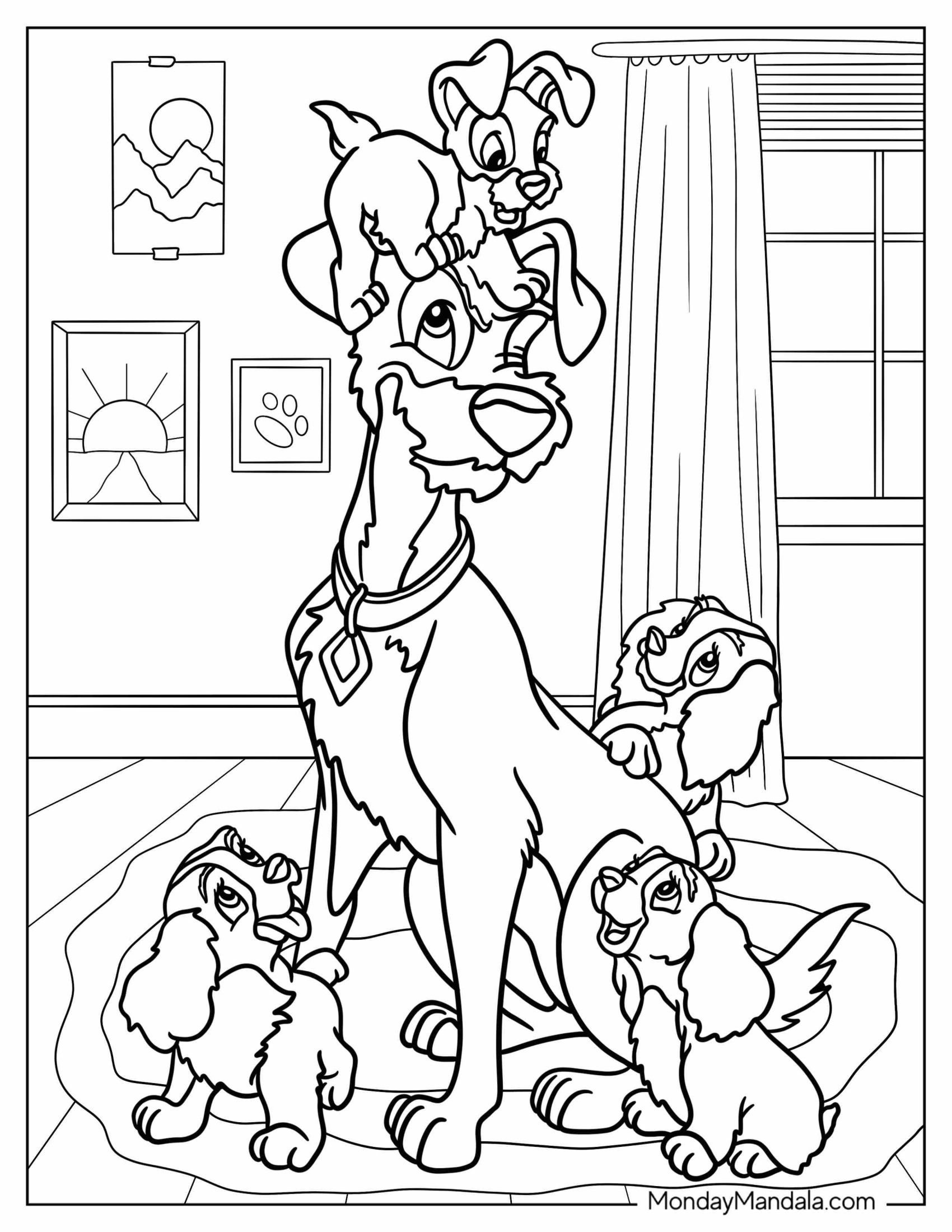 Lady And The Tramp Coloring Page Of Puppies In The Living Room