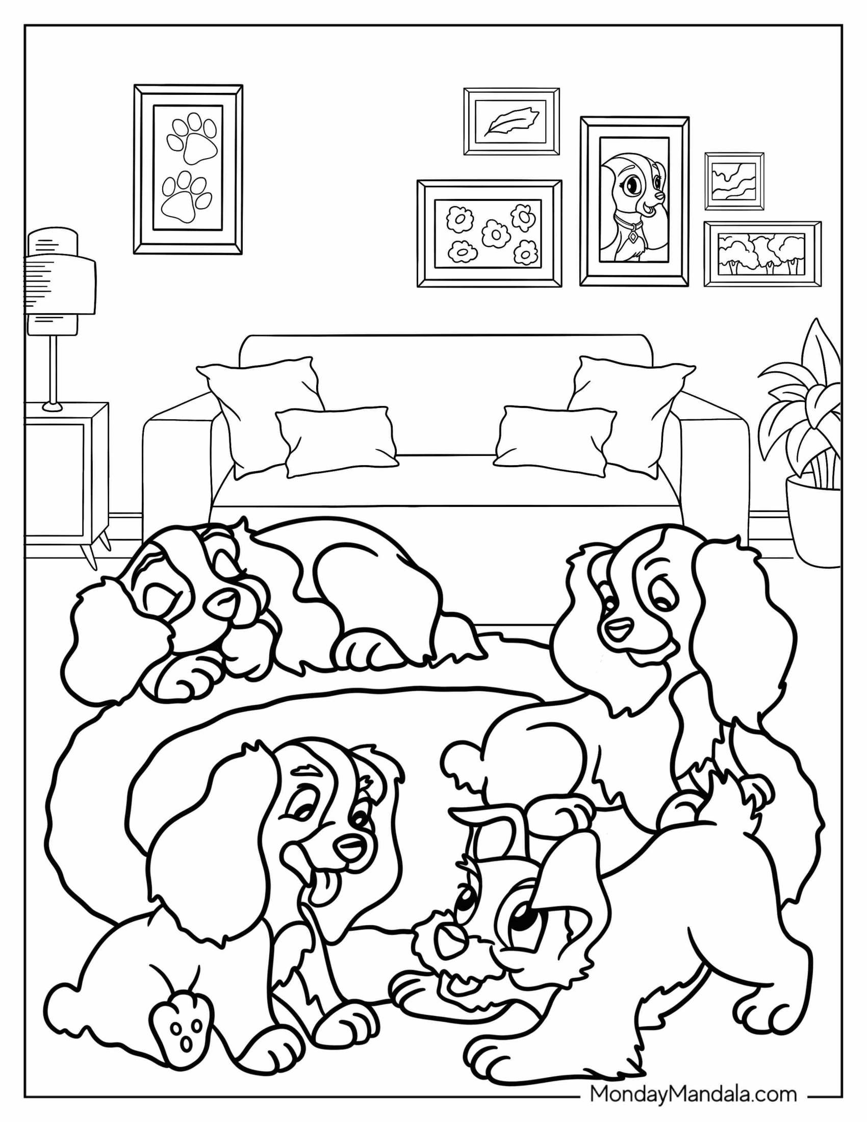 Lady And The Tramp Coloring Page Of Puppies Sleeping And Playing