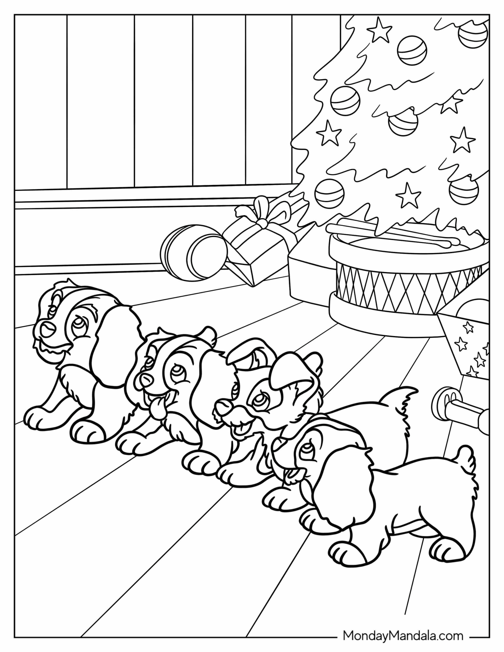 Lady And The Tramp Coloring Page Of Scamp With Three Sisters In Front Of Christmas Tree